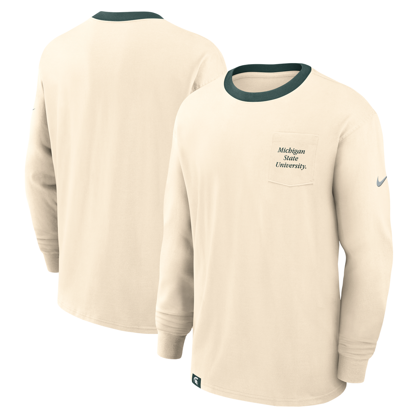 Beige long sleeve T-shirt with dark green text that reads "Michigan State University" on the left chest pocket and a dark green hem on the collar of the T-shirt. Green ring around neck. On the left sleeve is a gray Nike logo.
