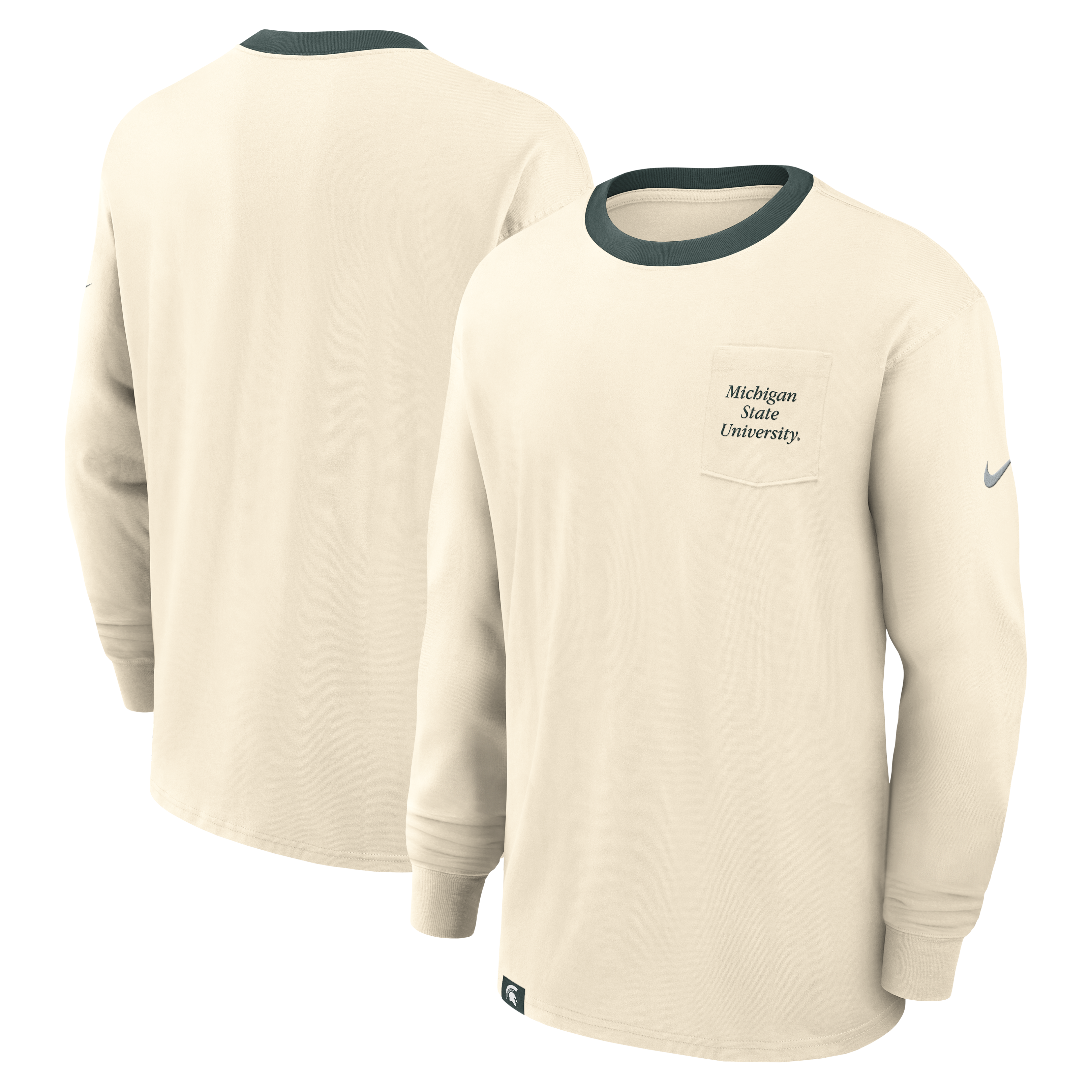 Beige sweatshirt with Michigan State University text on left chest pocket. Green ring around neck. Gray Nike logo on left arm.