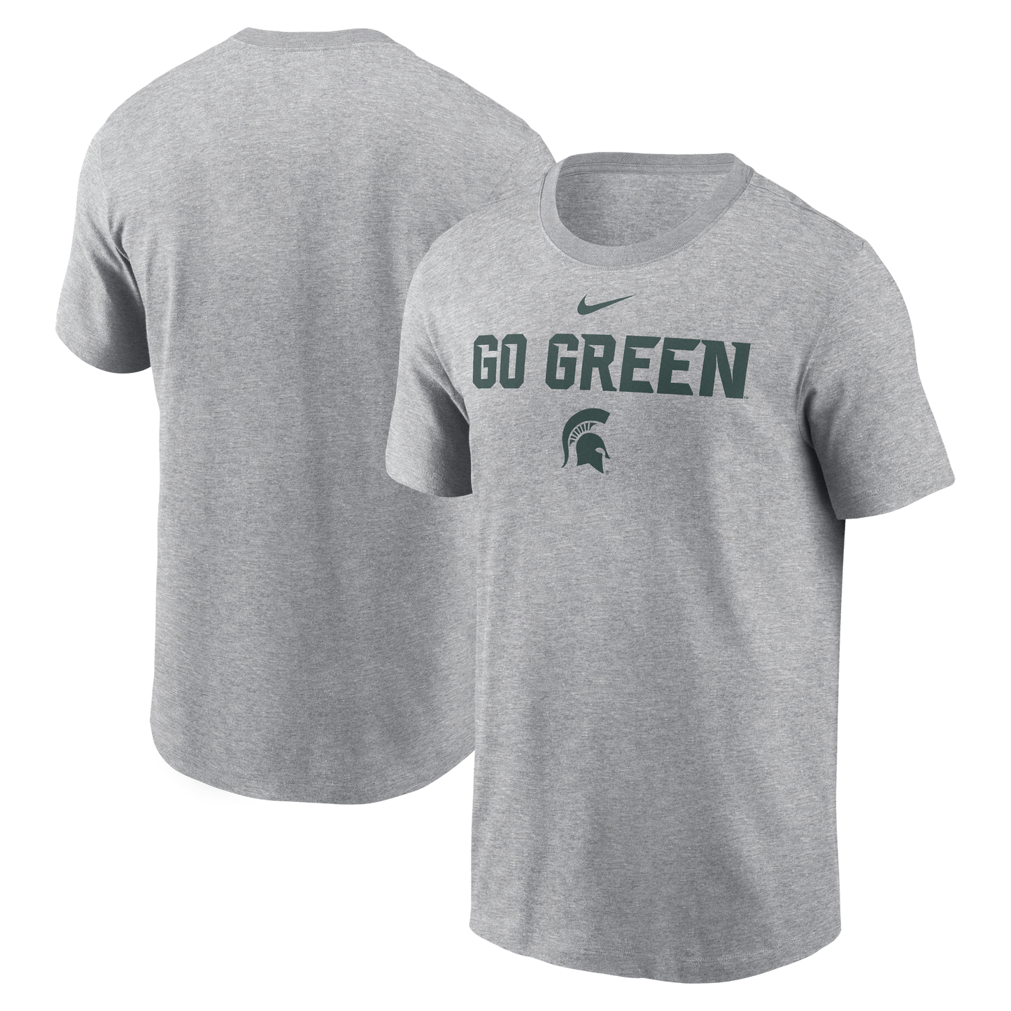 Gray t-shirt in green lettering 'GO GREEN' text and Nike logo.