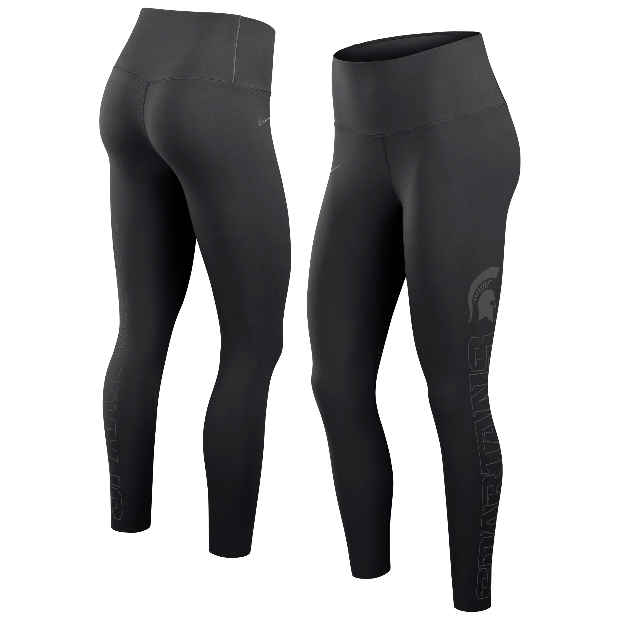 Black leggings with a Spartan helmet logo leg and a "Spartans" wordmark underneath on the left leg in gray. On the right upper hip there is a gray Nike sign.