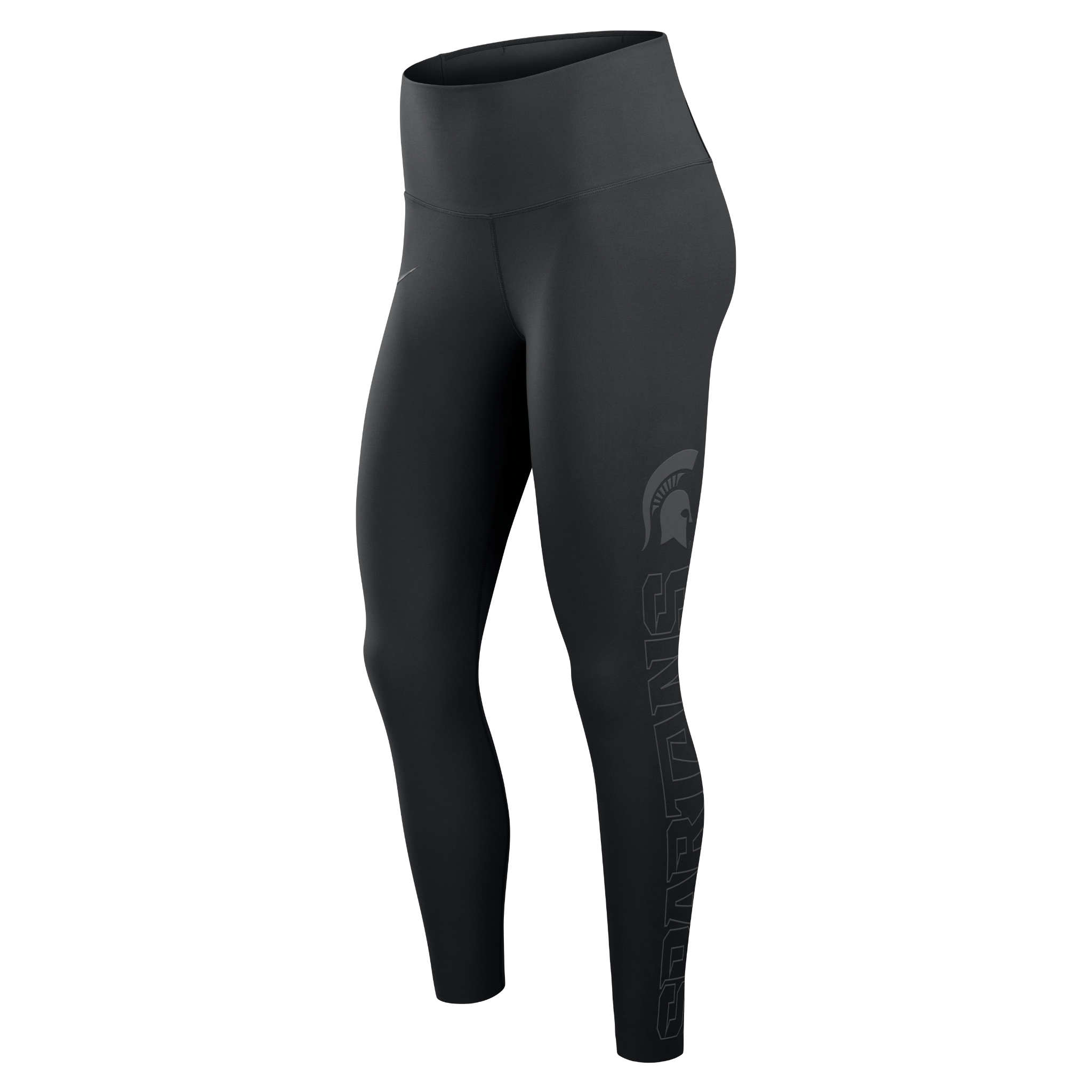 Left side of black leggings with a Spartan helmet logo leg and a "Spartans" wordmark underneath on the left leg in gray. On the right upper hip there is a gray Nike sign.