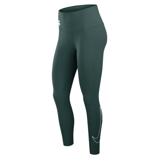 Left side of dark green leggings with Spartan Helmet logo on the left upper hip and white Nike logo on the left lower leg.
