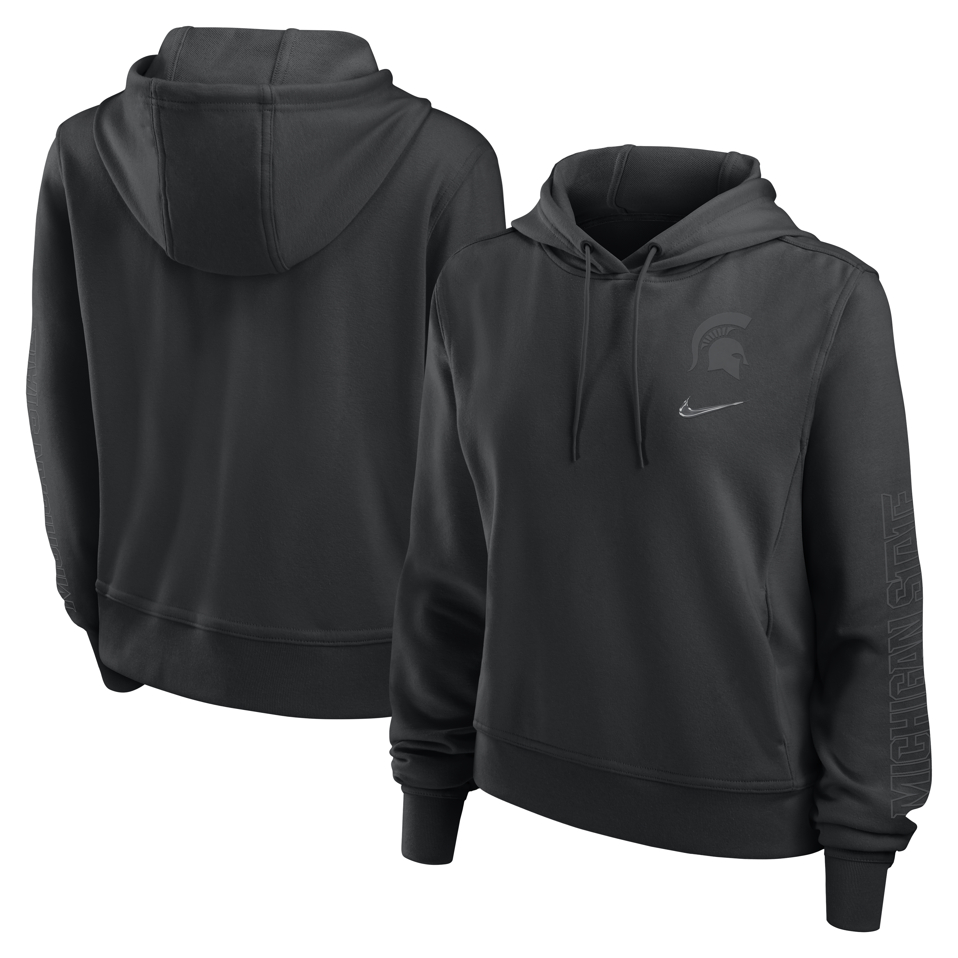 A black hoodie with a black Spartan helmet logo on the upper left chest and the words "Michigan State" on the left arm.