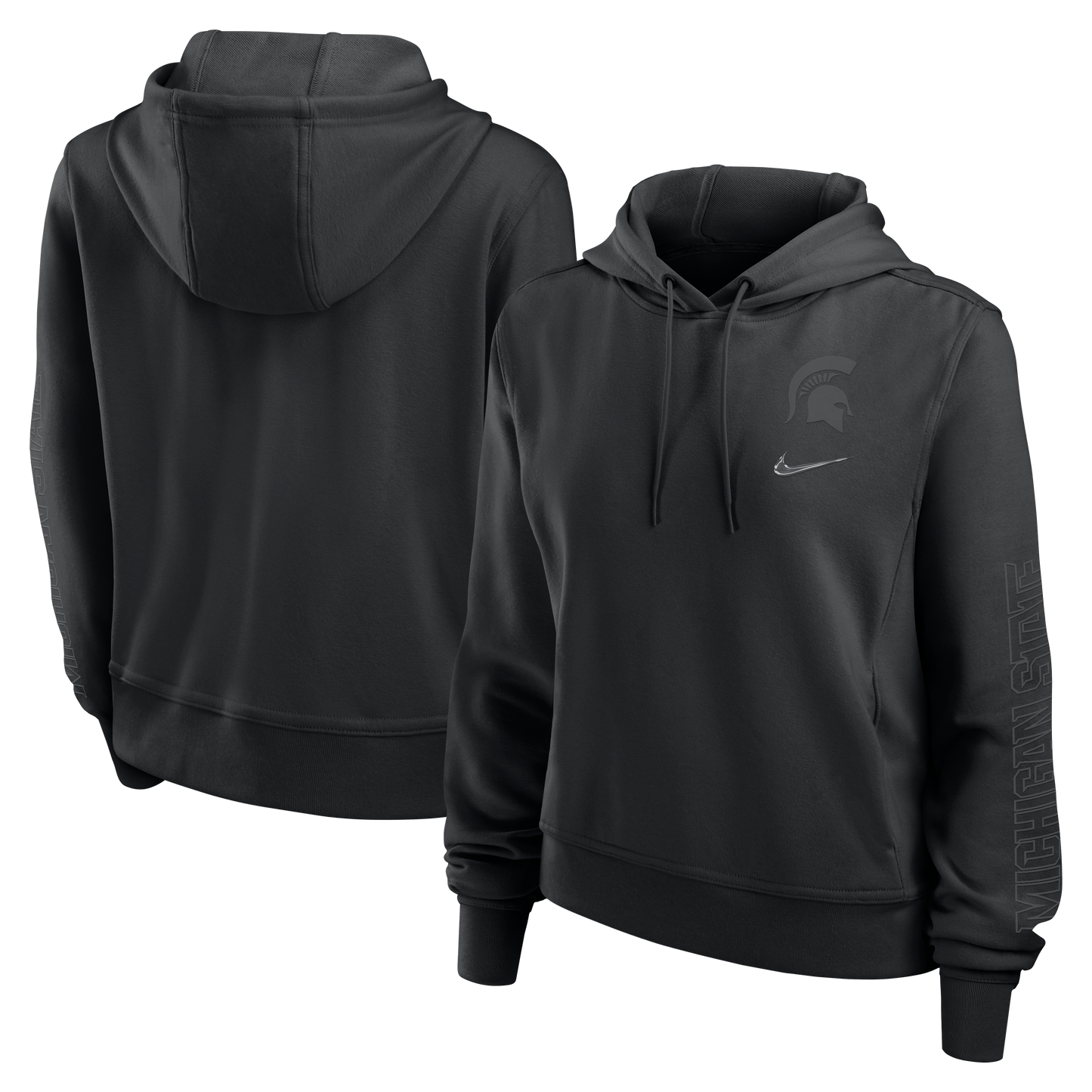 A black hoodie with a black Spartan helmet logo on the upper left chest and the words "Michigan State" on the left arm.