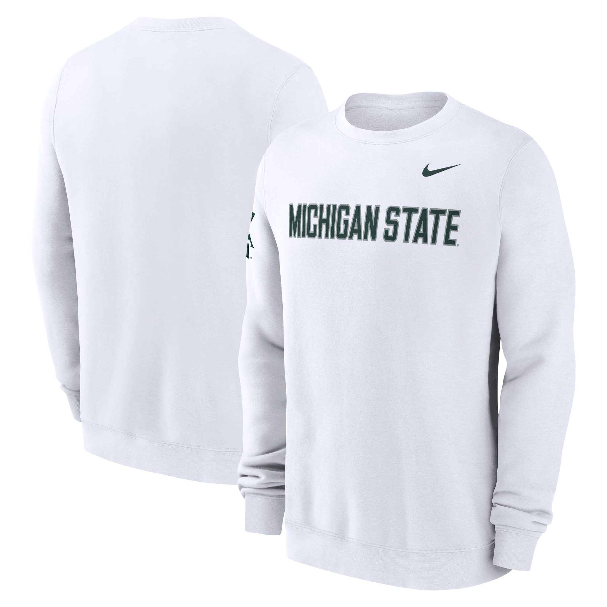 Front and back of white crewneck sweatshirt with a 'Michigan State' wordmark and Nike logo in green on the front.