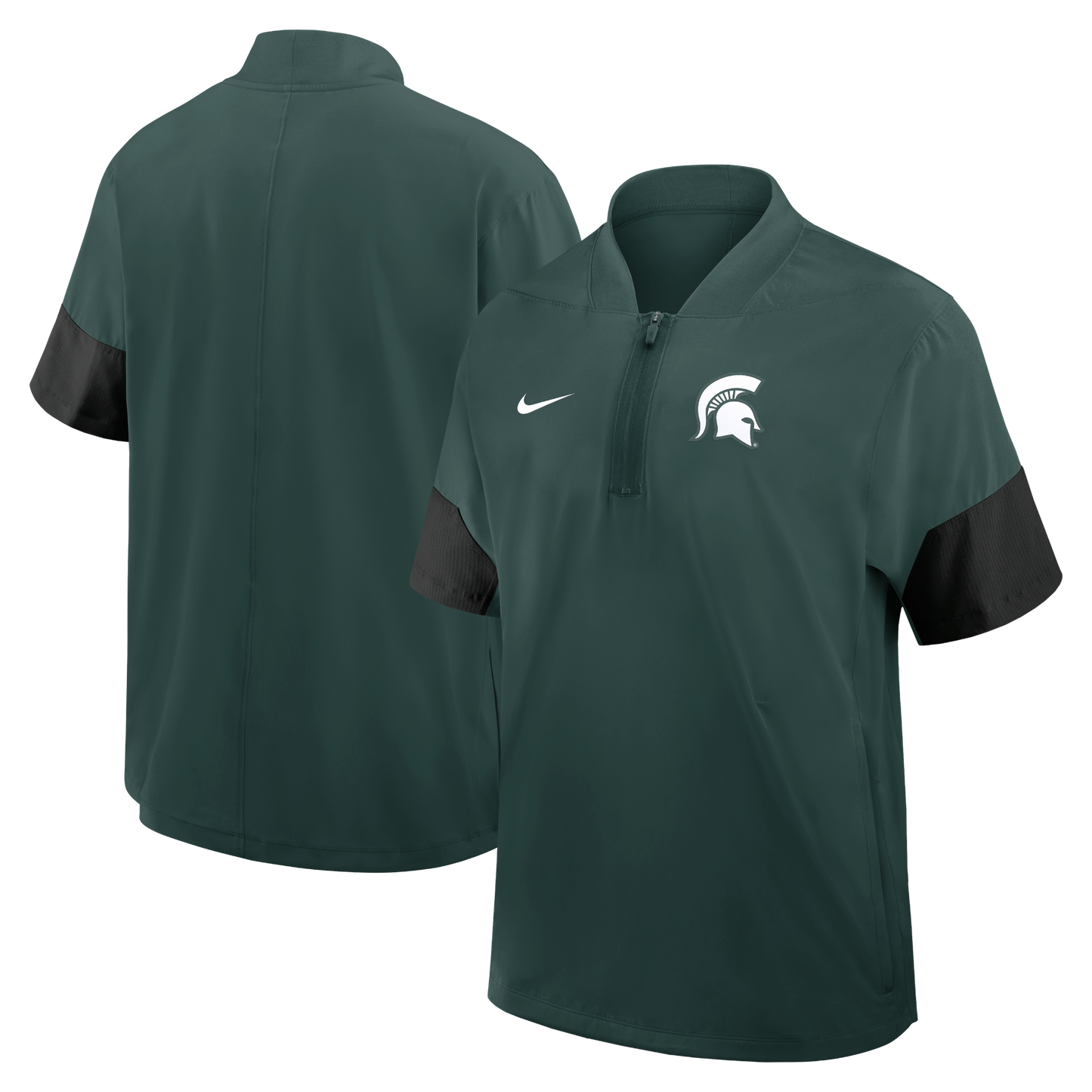 Green short sleeve windbreaker with a thick black stripe on the sleeves, a white Spartan Helmet logo on the left upper chest, and a white Nike logo on the right upper chest.