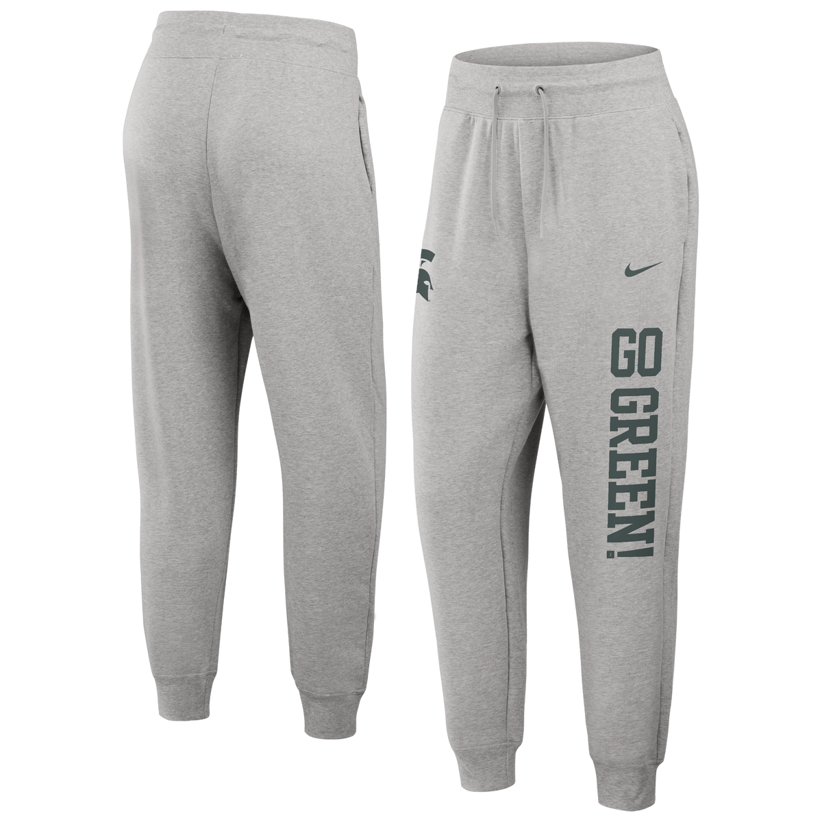 Heather gray Michigan State jogger sweatpants shown from the front and back, featuring an elastic drawstring waistband, side pockets, ribbed ankle cuffs, a green Spartan helmet logo and Nike Swoosh on the upper left leg, and large vertical “GO GREEN!” lettering printed down the right le