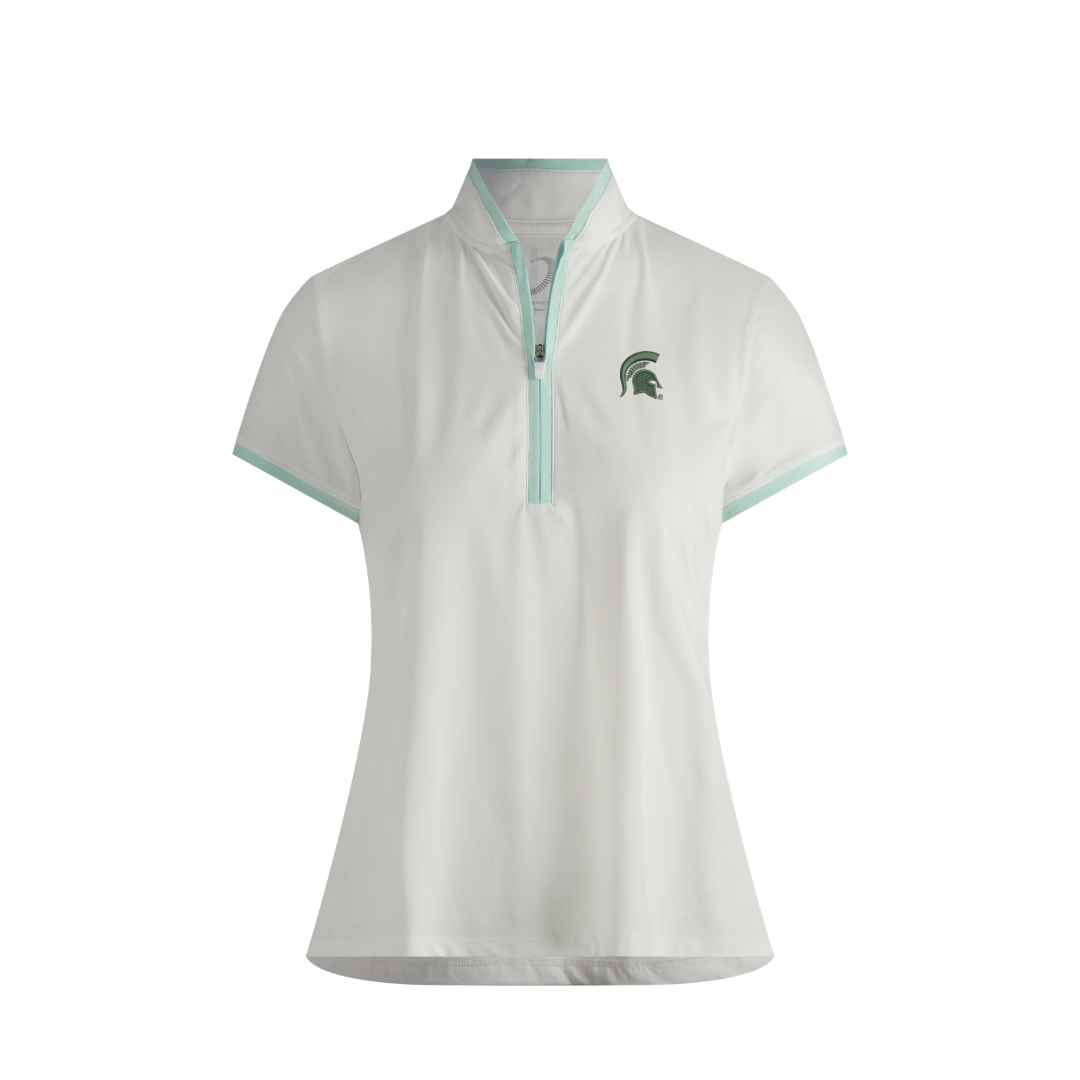 White mock neck quarter-zip with a mint green hem on the collar, zipper, and sleeves. Embroidered on the upper left chest is a dark green Spartan helmet logo. Shown on a white background.