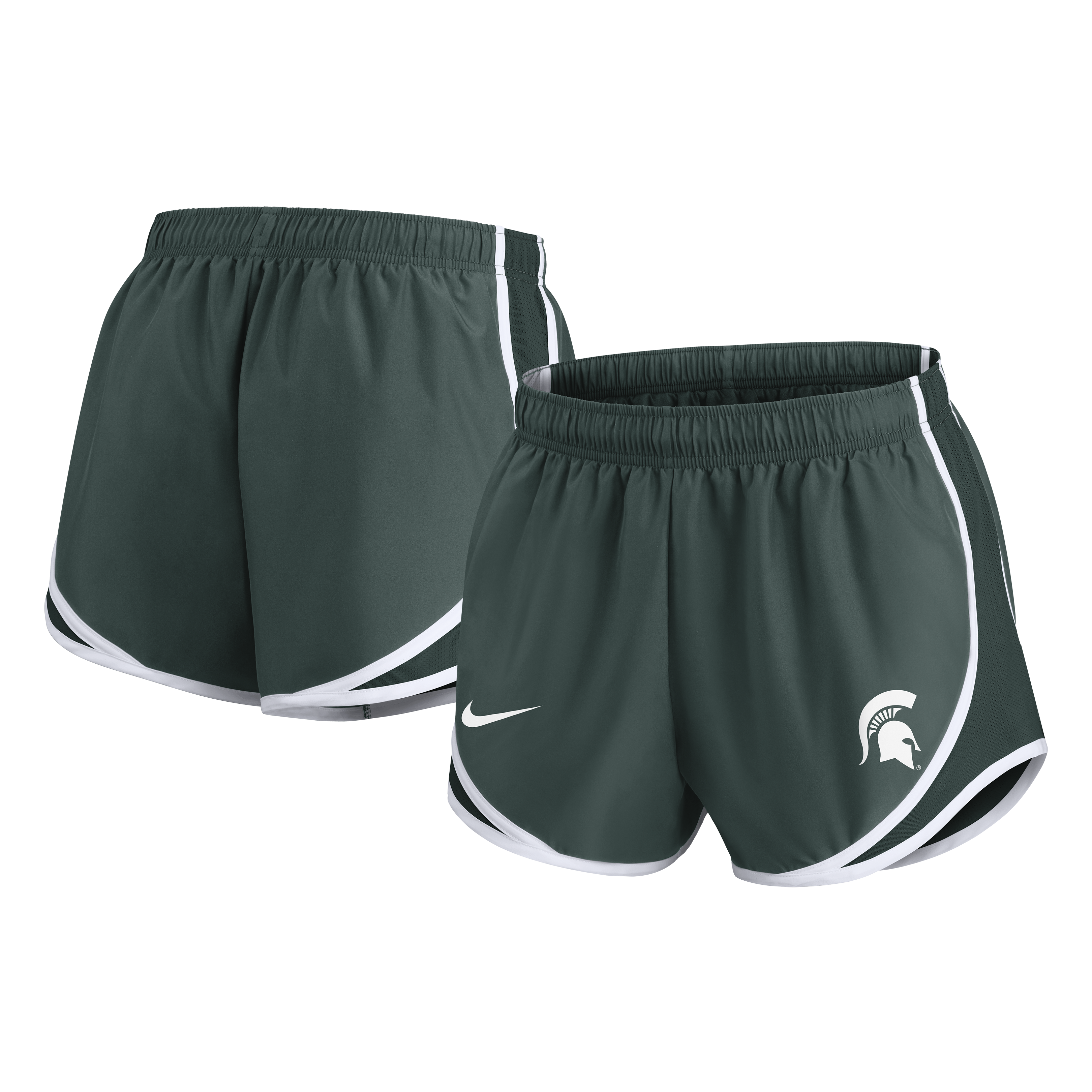 Front and back view of a pair of green running shorts with white edges and a white Spartan helmet logo on the left leg.