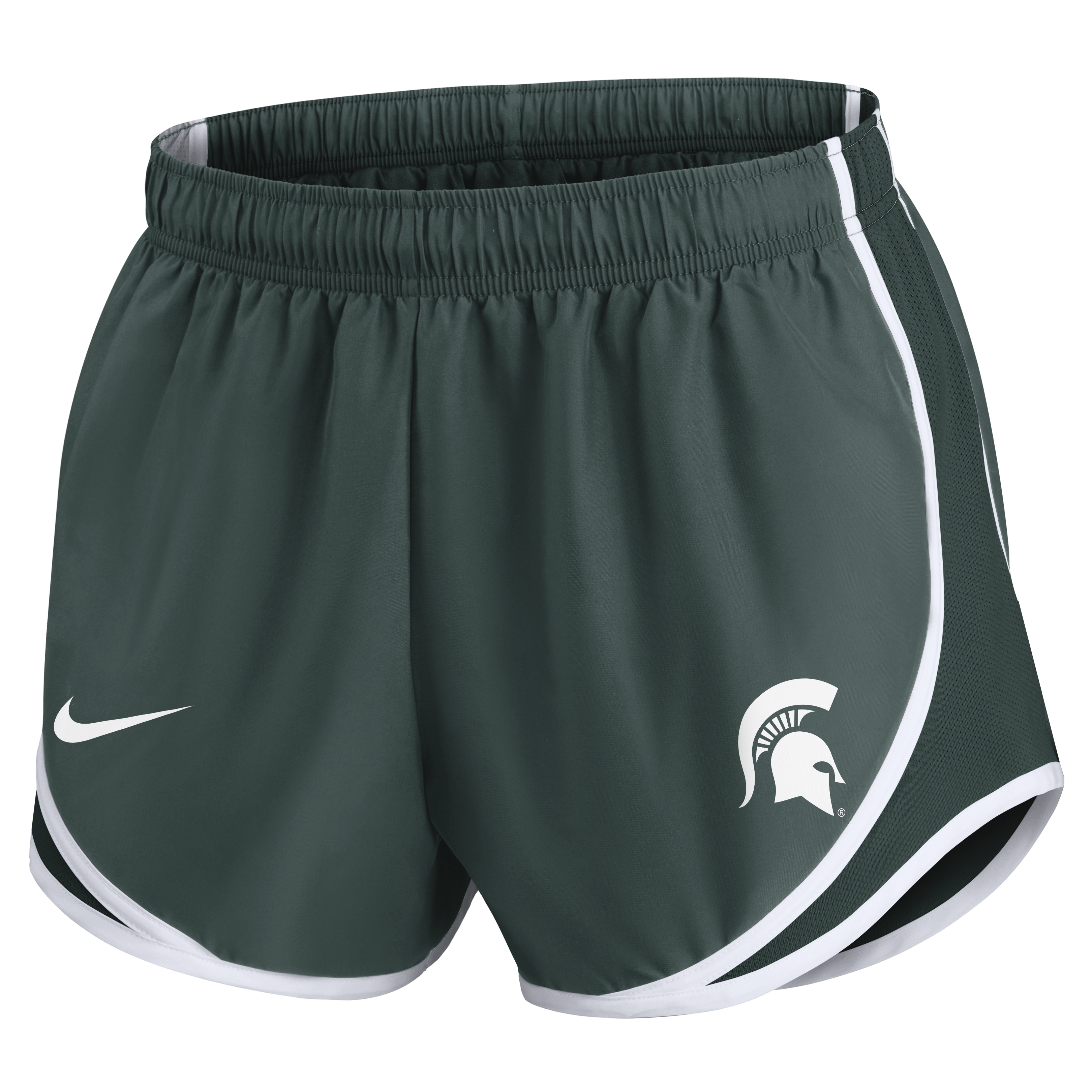 A pair of green running shorts with white edges and a white Spartan helmet logo on the left leg.
