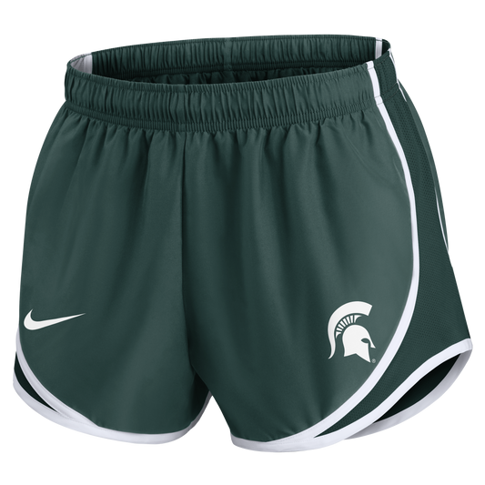 A pair of green running shorts with white edges and a white Spartan Helmet logo on the left leg. The Nike swoosh logo is printed in white on the right leg.