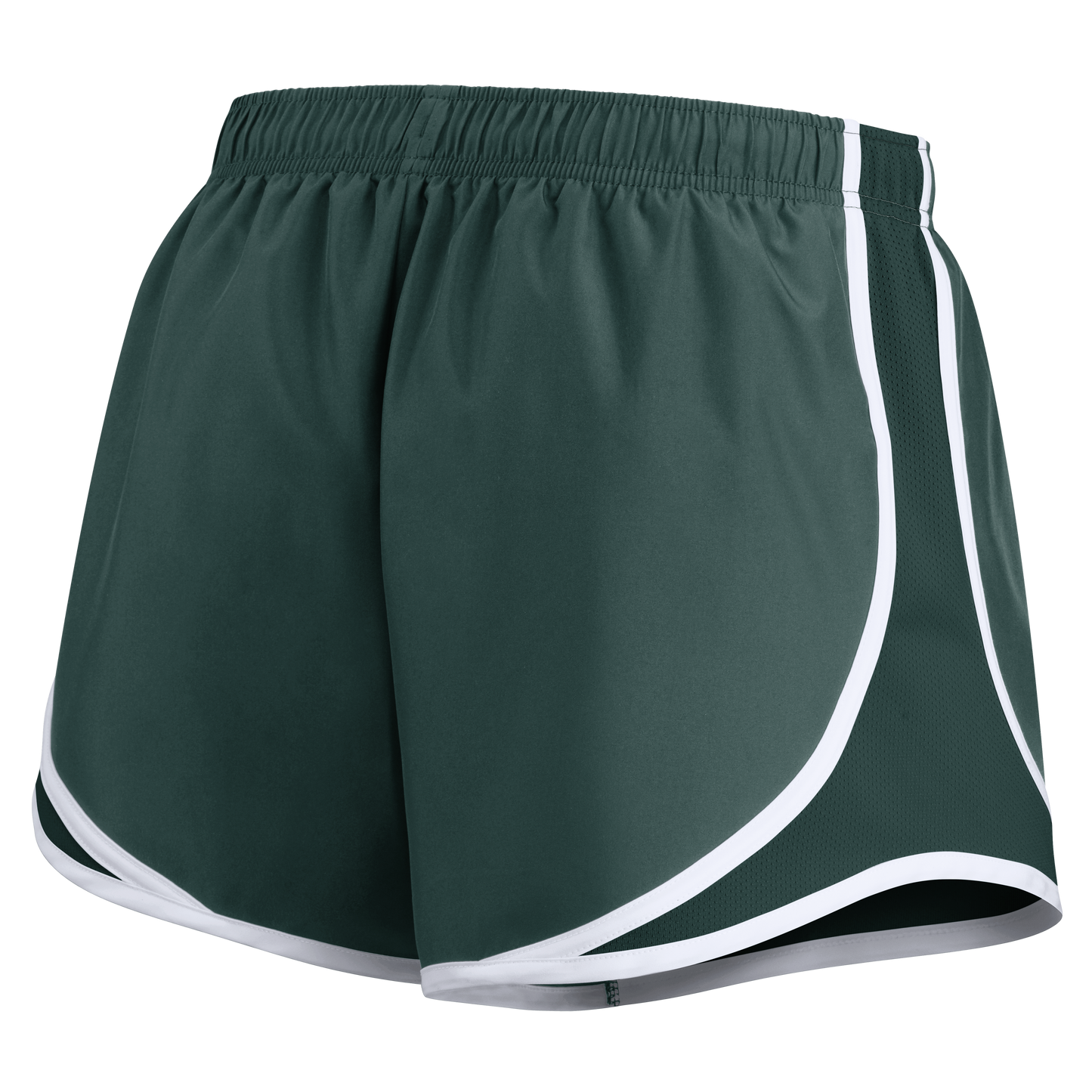 The back of a pair of green running shorts with white edges.