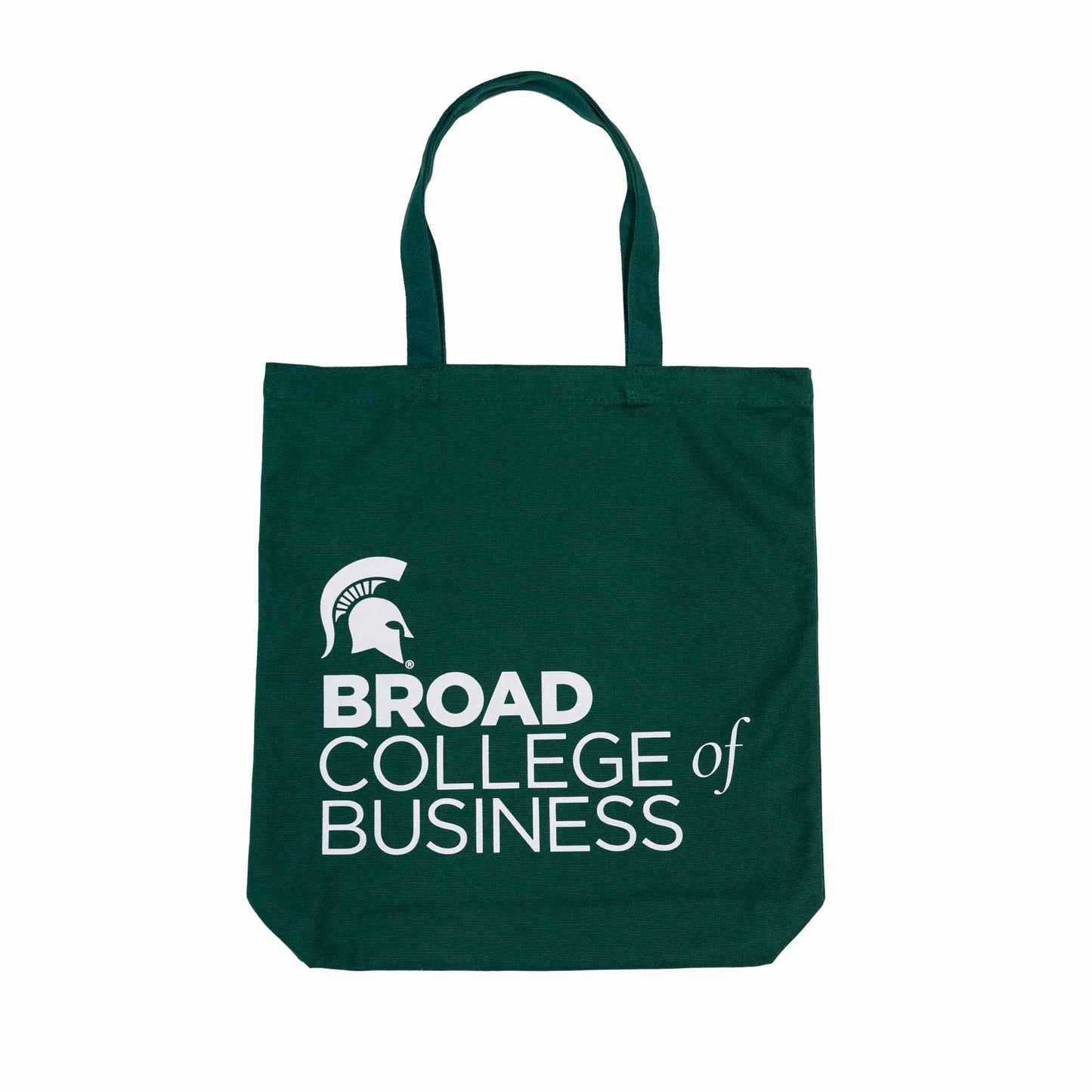 Dark green tote bag with white printing left-aligned in the bottom corner: a Spartan Helmet logo and Broad College of Business in the college's various font format