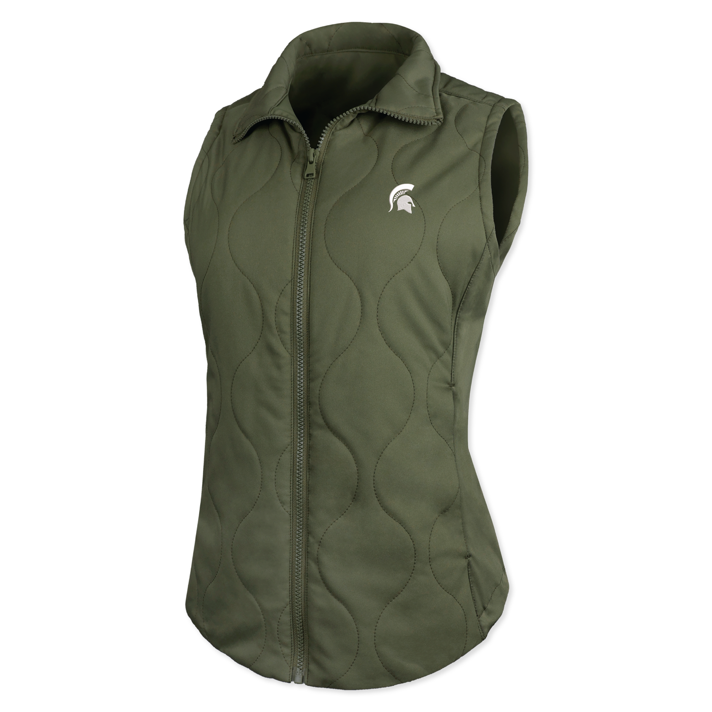 Olive green full-zip vest with a collar that folds down, curved stitching pattern, and a white Spartan Helmet logo on the upper left chest.