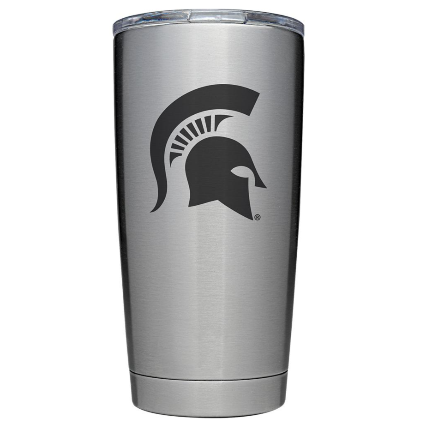 Stainless steel cup with a clear lid and a Spartan Helmet logo in the center.