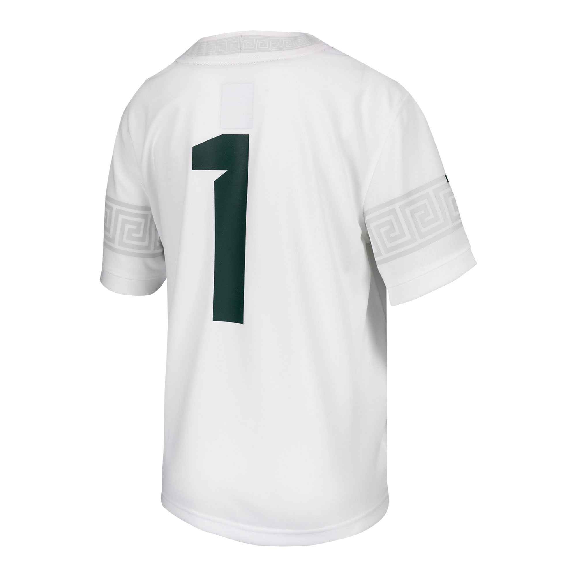 A white youth football jersey with green and gray details, featuring the number 1.