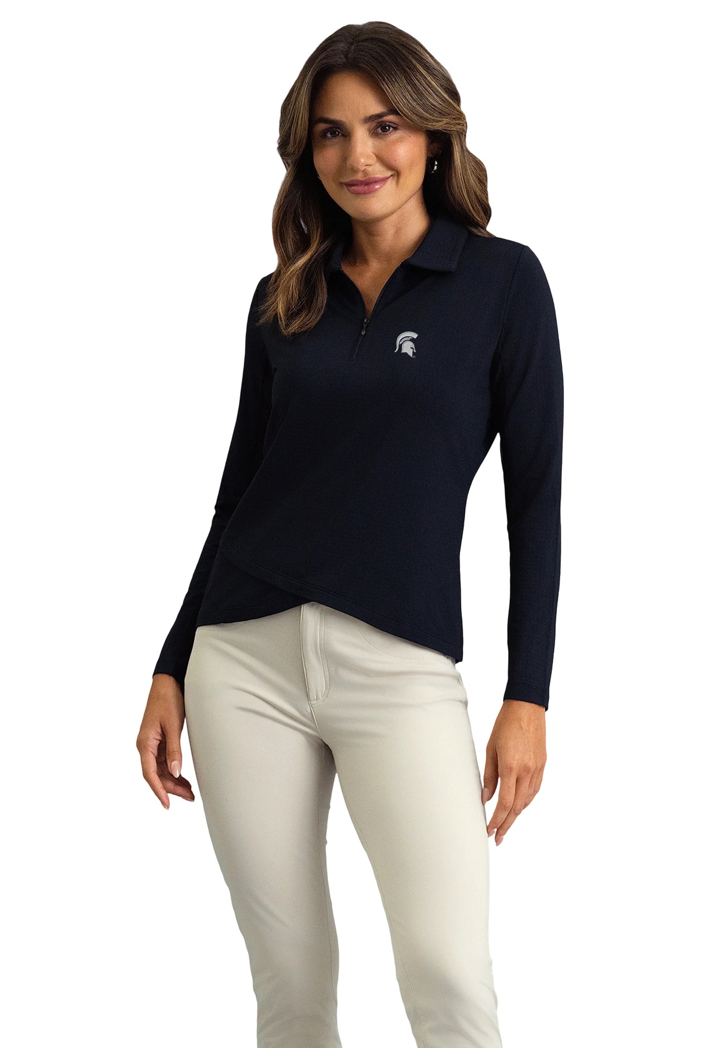 Woman wearing a black fitted quarter-zip with a white Spartan Helmet logo on the upper left chest.