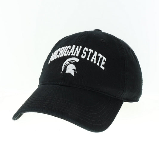 A black twill baseball cap with Michigan State and Spartan Helmet embroidered on the front below the text, all in white.