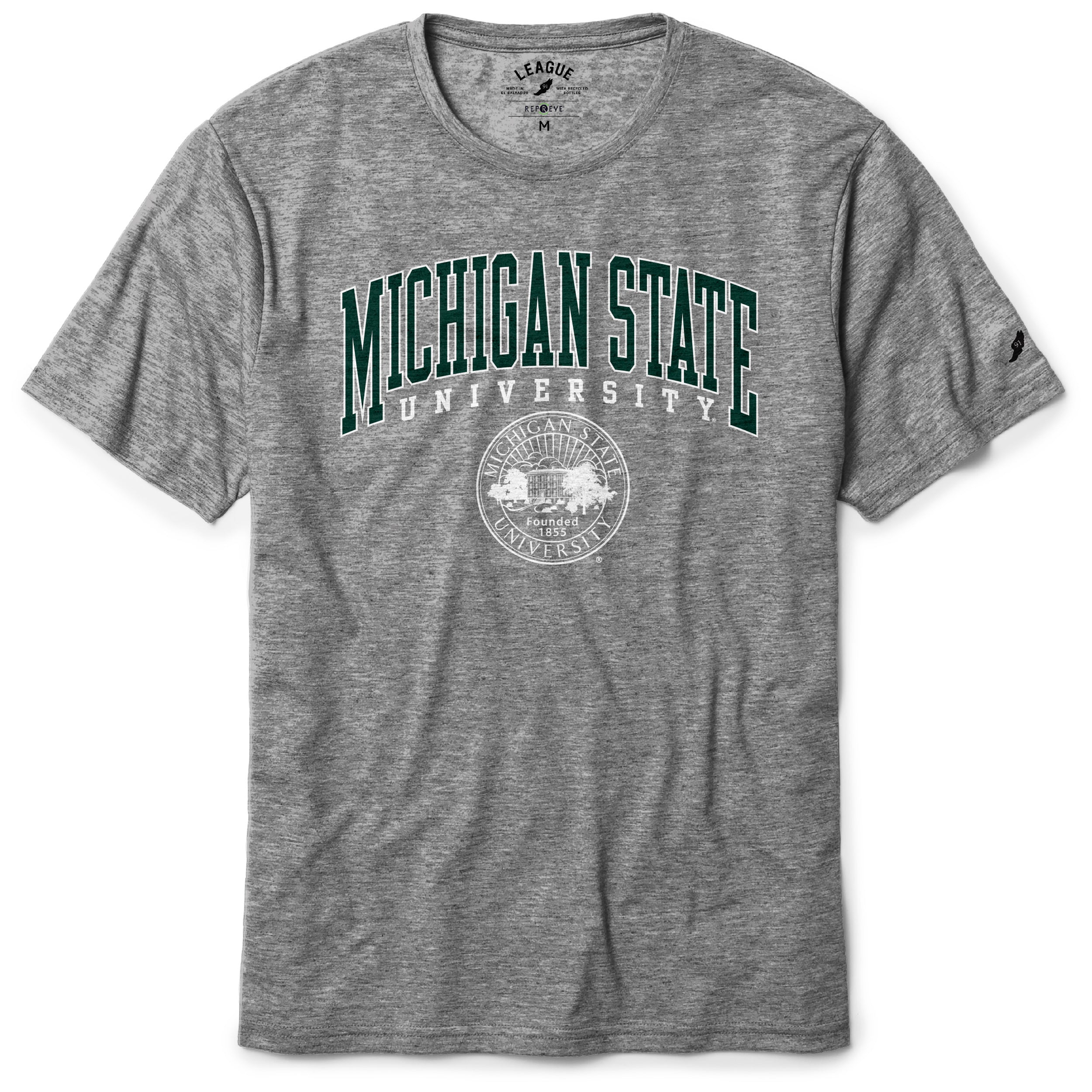A gray Michigan State University t-shirt with a Michigan State University seal design on the front.