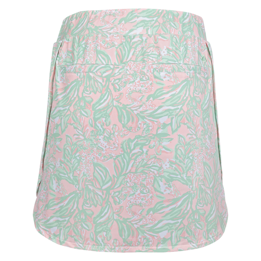 Back of a green and pink floral printed skort with a curved hem and two back pockets.