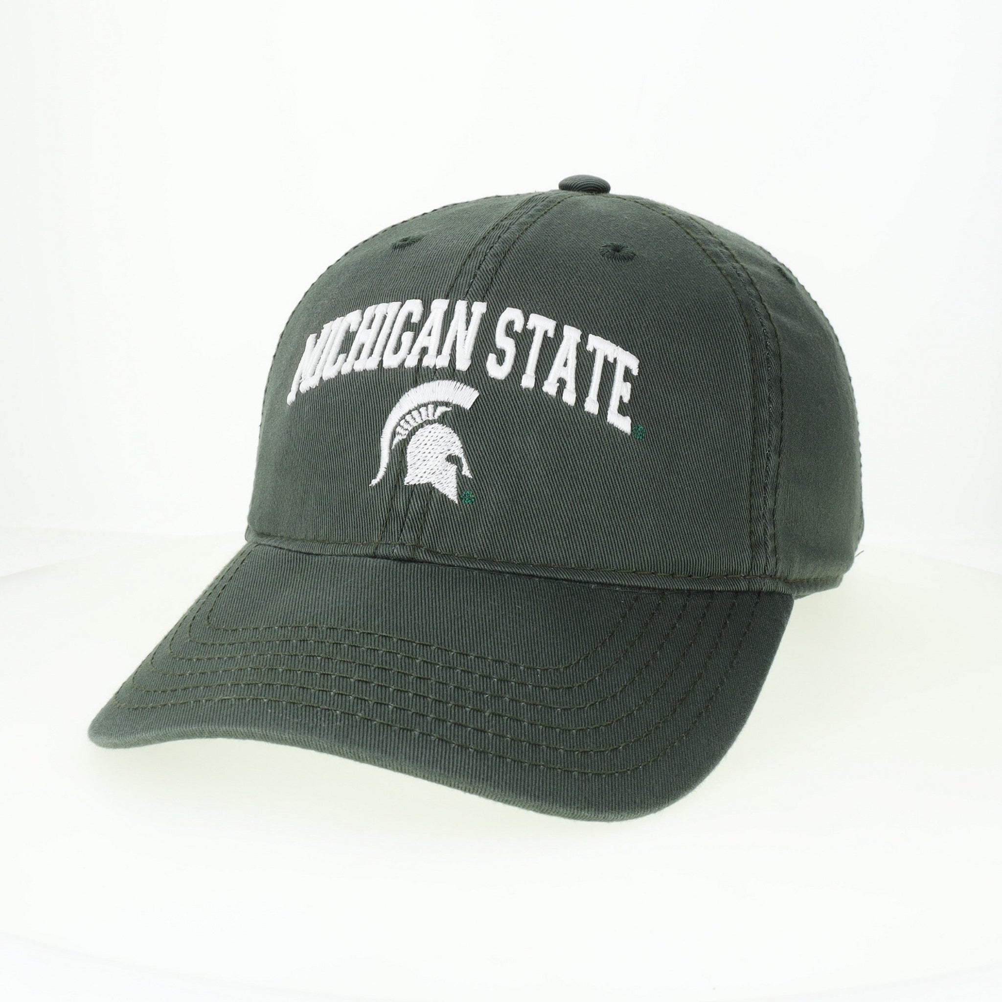 A green, unstructured cotton twill baseball cap with 'MICHIGAN STATE' embroidered on the front and an embroidered spartan helmet logo below the text, all in white.