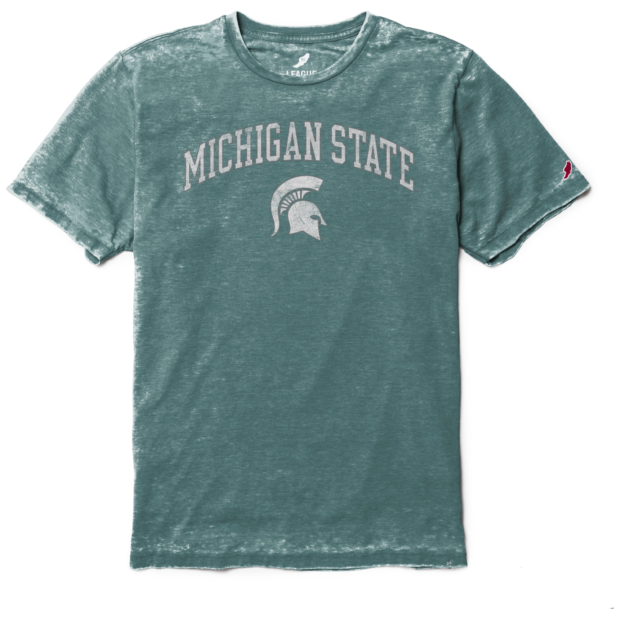 A green Michigan State crew neck t-shirt with the Michigan State logo and Spartan helmet printed on the front.