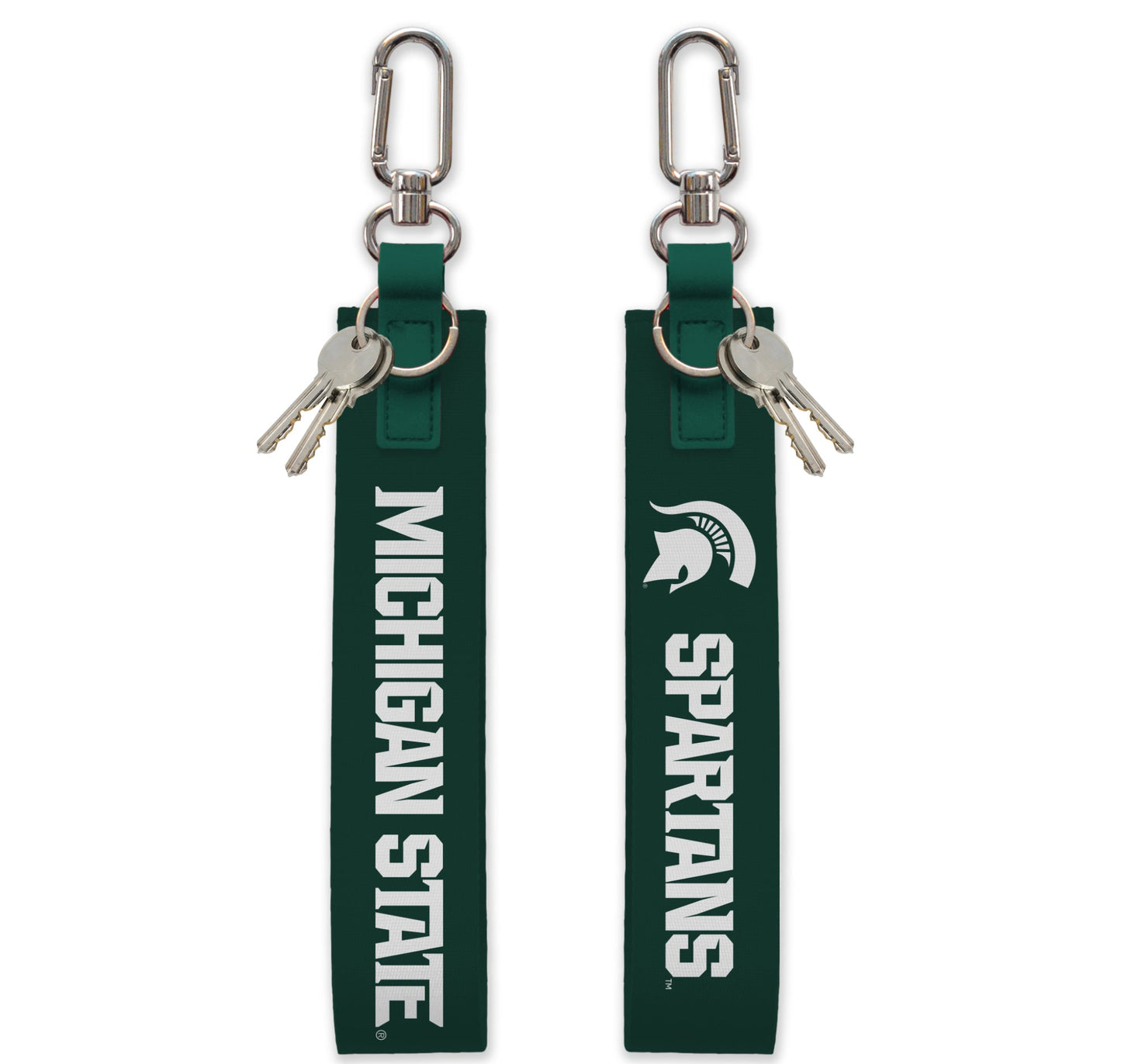 Front and back of a dark green MSU themed key strap. On the left side of the image is the front of the key strap with silver hardware and white text that reads "Michigan State." On the right side of the image is the back of the key strap with silver hardware and the Spartan Helmet logo in white followed by white text that reads "Spartans."