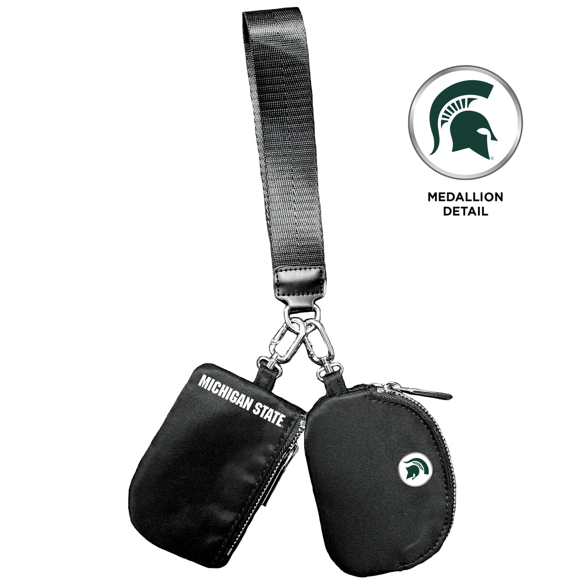 Black strap with two zipper bags at the bottom. Bag on left that is rectangular reads Michigan State in white screen print along the short edge with metal attachment. Bag on right has a small circle white medallion with a green Spartan Helmet in center of circle.