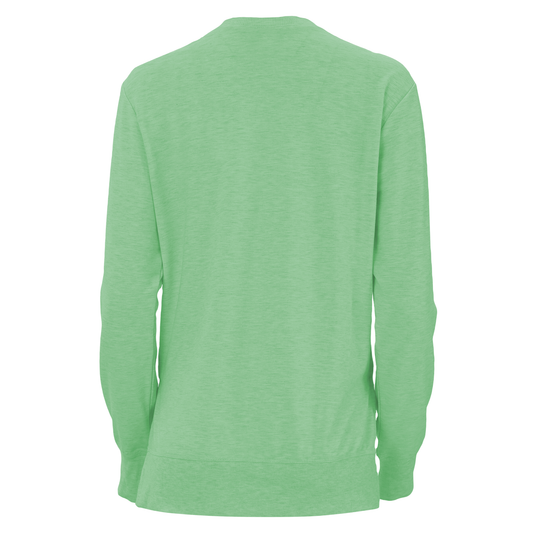 Back of a bright green long sleeve T-shirt.