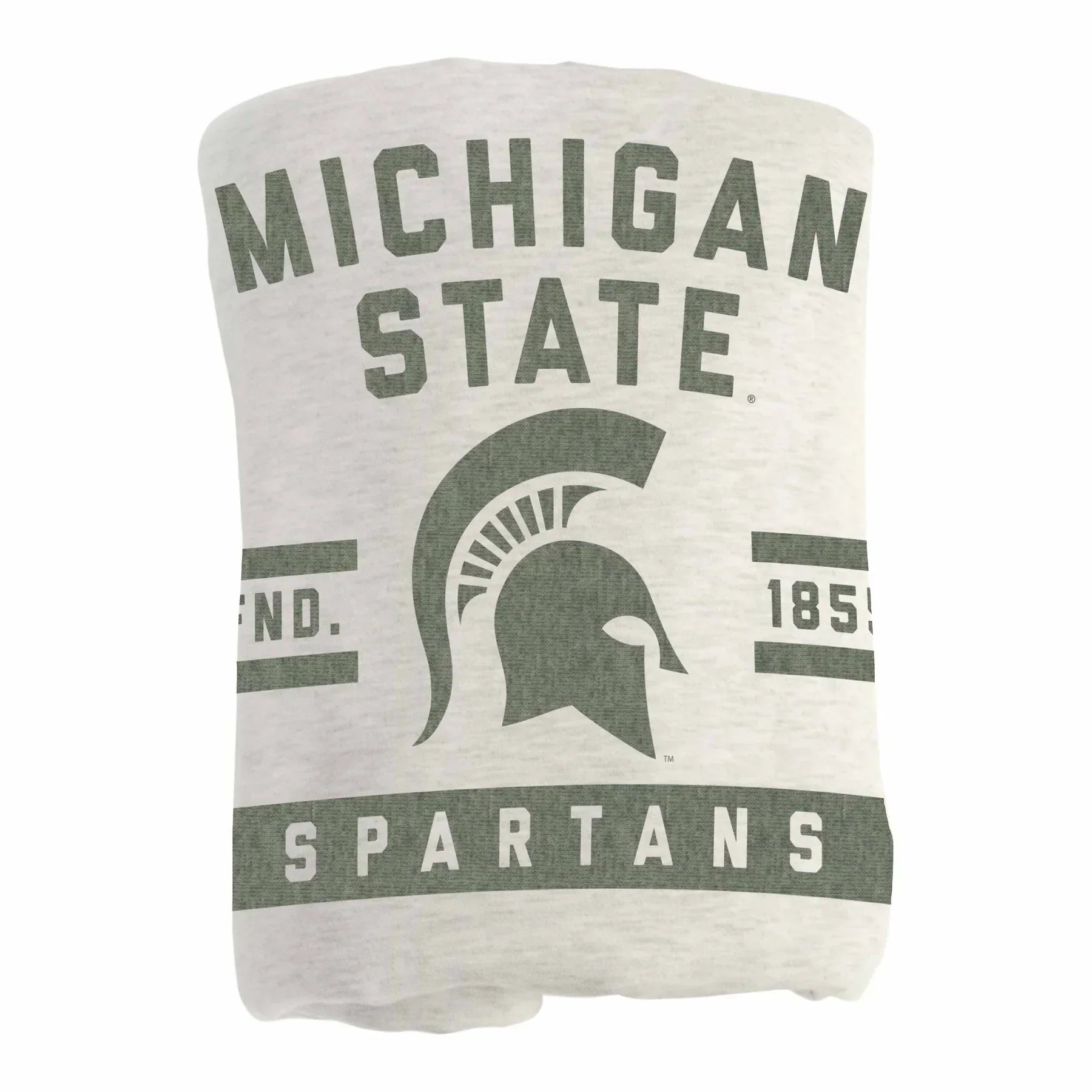 A rolled up gray heather blanket with a green "Michigan State Spartans" design featuring the Spartan helmet and text reading "Fnd. 1855."