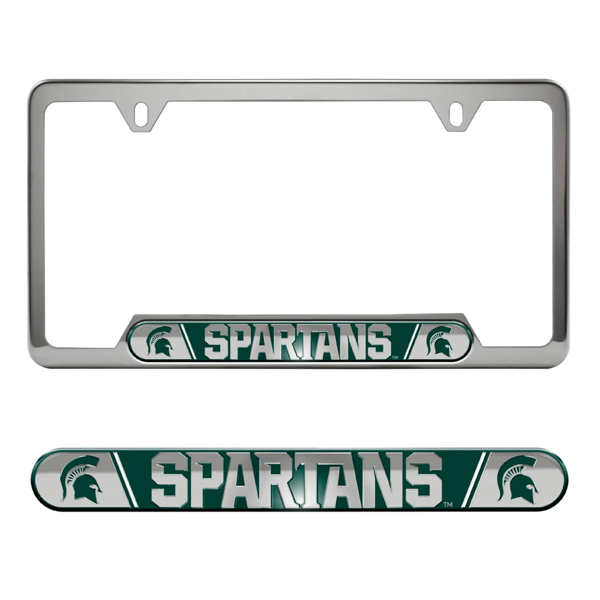 Silver license plate frame with the word "Spartans" written on the bottom and two green Spartan Helmet logos on either side of the text.
