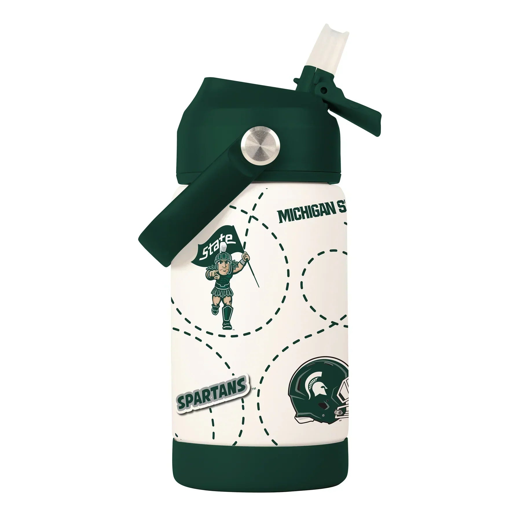 Green and white water bottle with flip-top straw, featuring Sparty mascot, 'State', 'SPARTANS', and Spartan helmet logo.