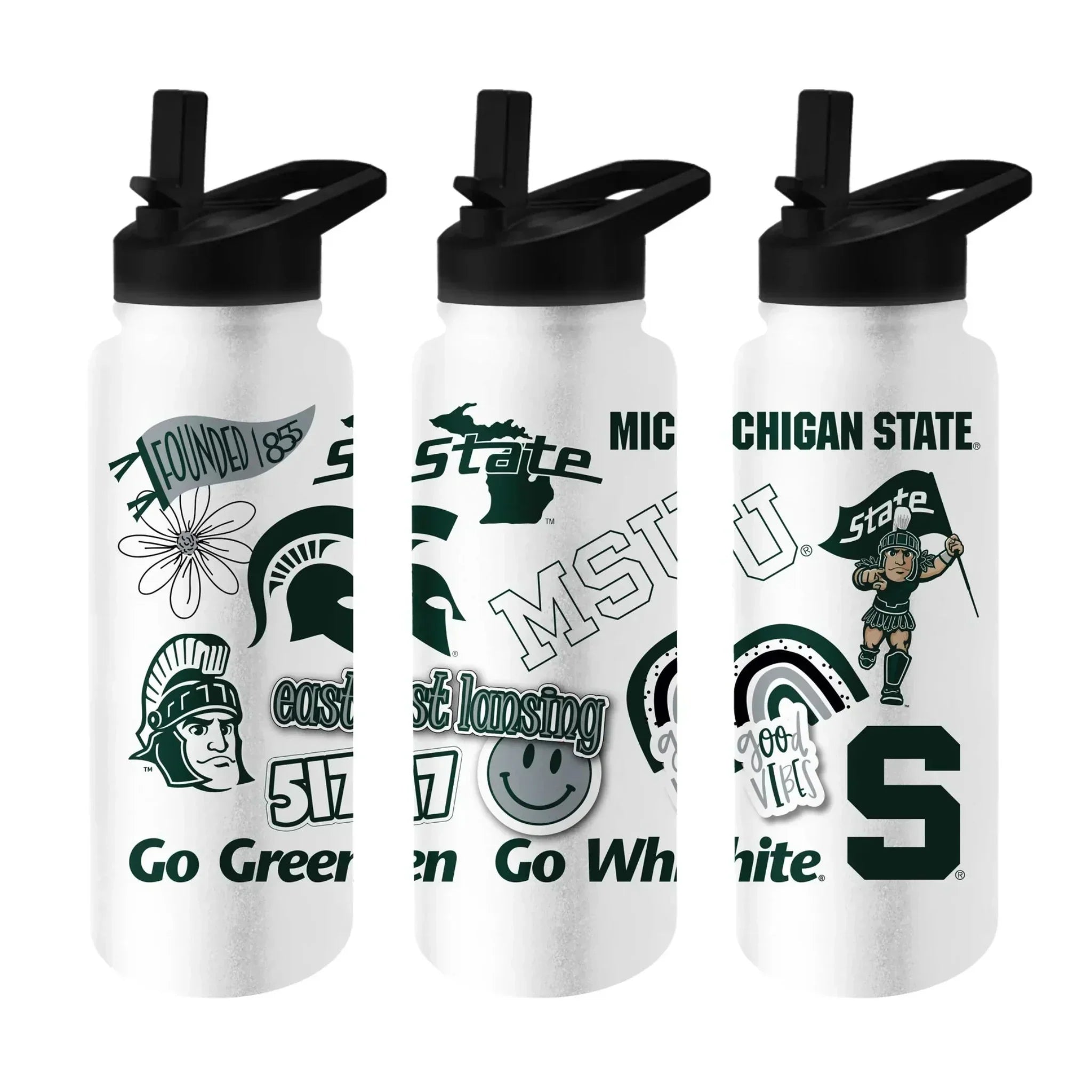 Three views of a white water bottle with MSU and East Lansing motifs.