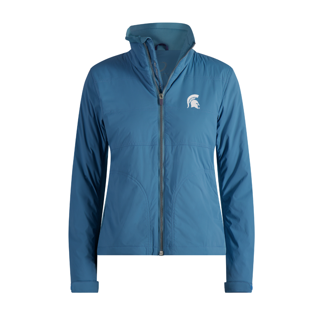 Dark blue packable jacket with a gray zipper down the front, two pockets at either side, adjustable cuffs, and a white Spartan Helmet logo on the upper left chest. Shown on a white background.