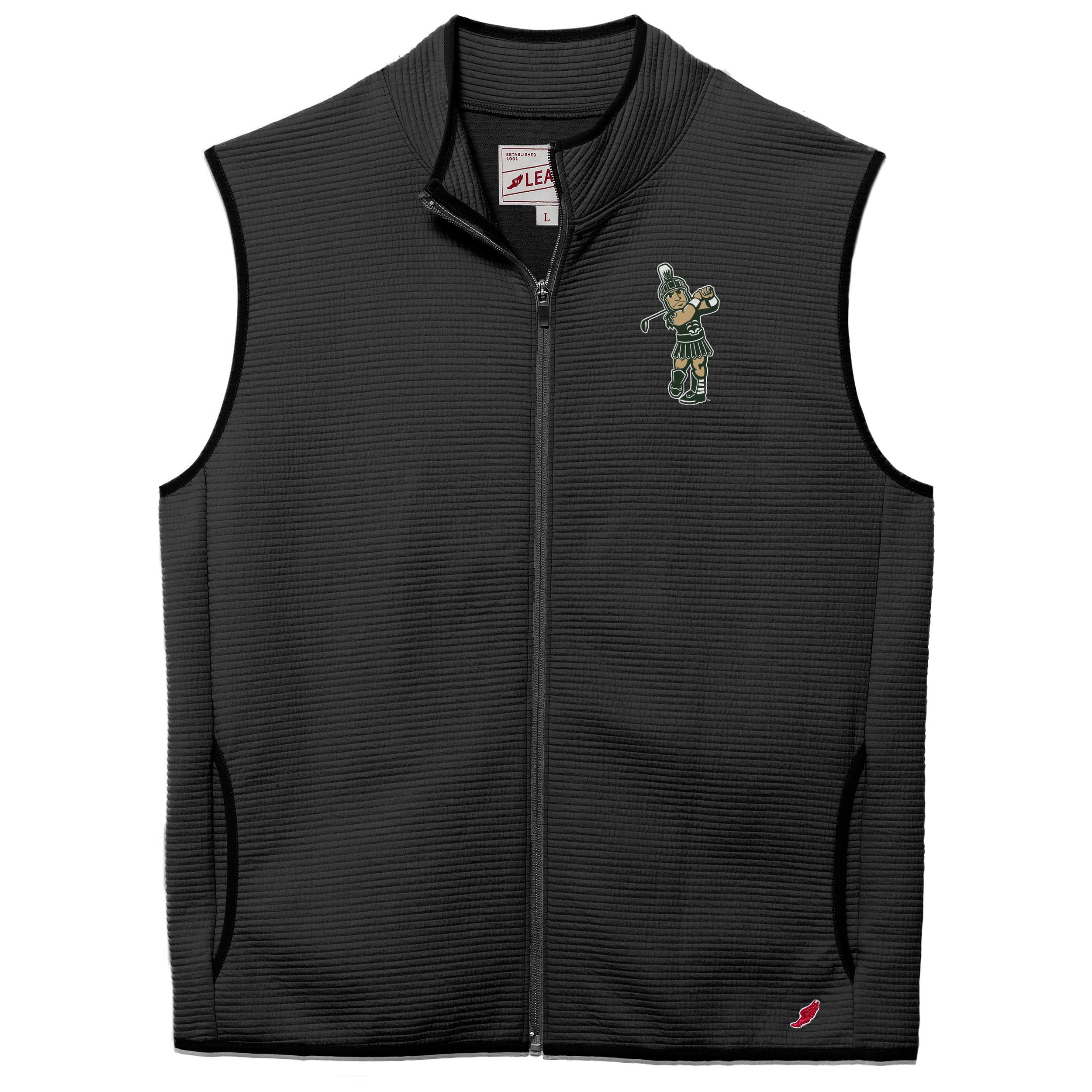Black sleeveless vest with a full-length front zipper, textured fabric, two side pockets, an embroidered logo of a character playing golf on the left chest, and a small red logo near the bottom right hem.