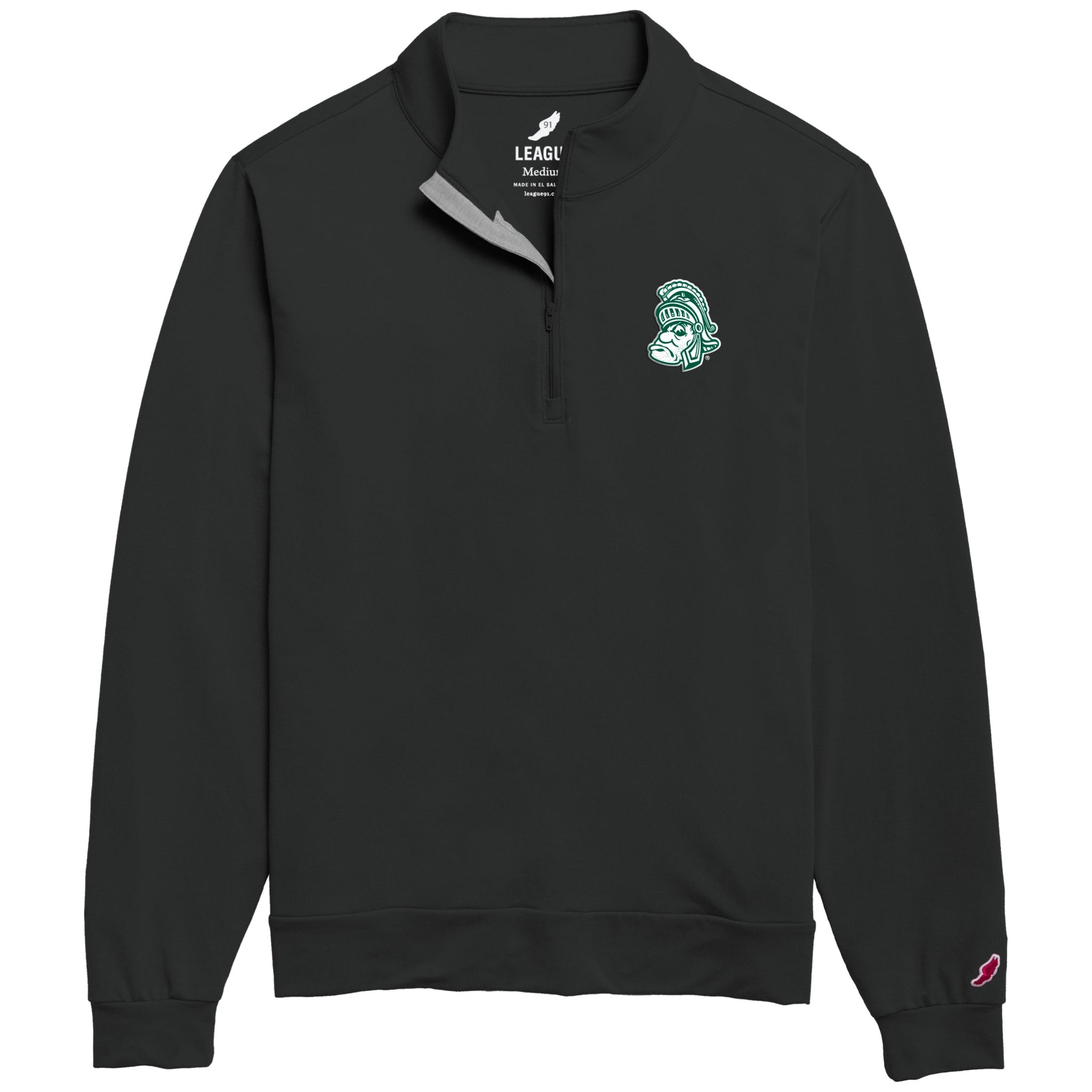 Black quarter-zip long-sleeve pullover featuring a small embroidered green and white Gruff Sparty logo on the left upper chest. Shown on a white background.