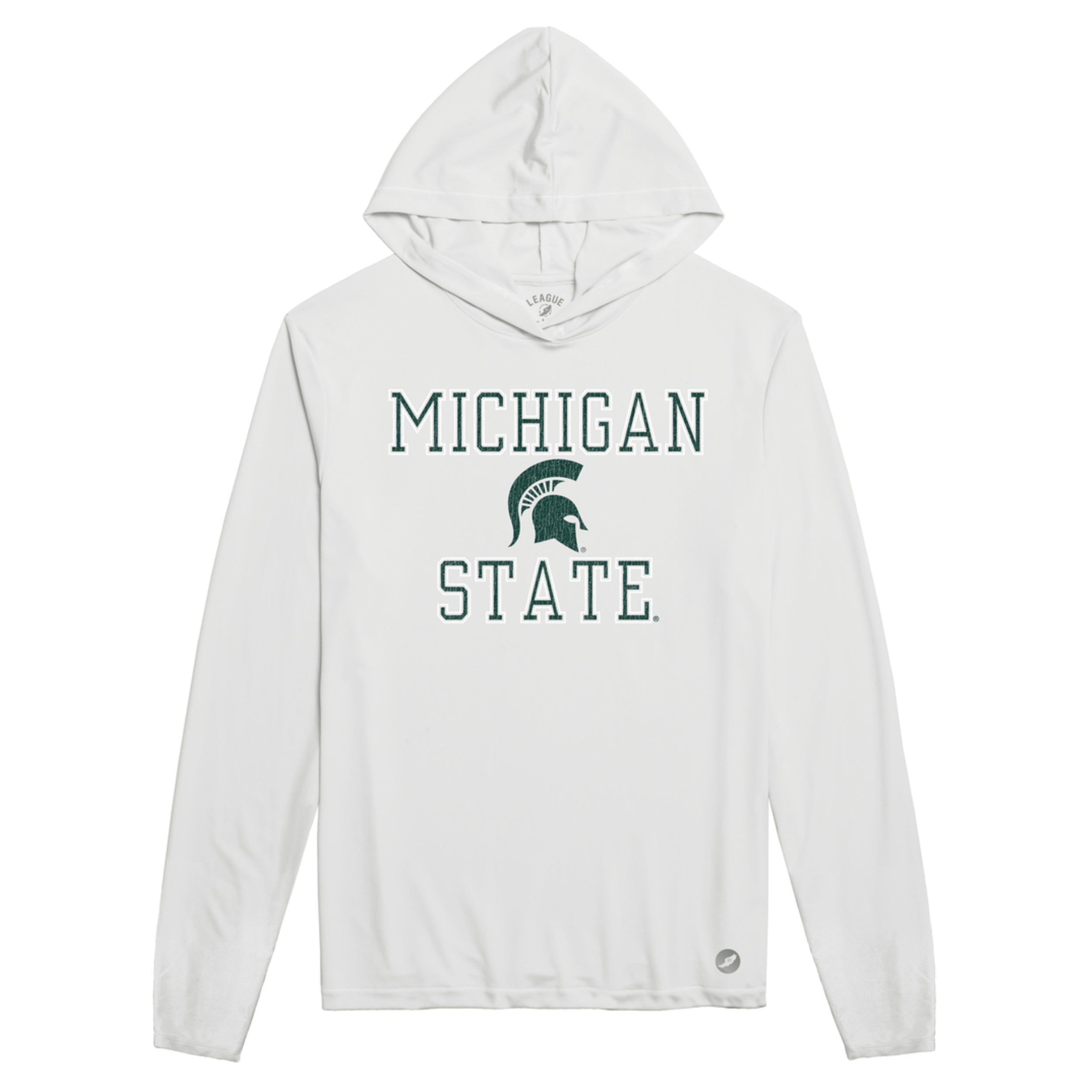 A white hoodie that reads "Michigan State" in green around a green Spartan helmet logo.