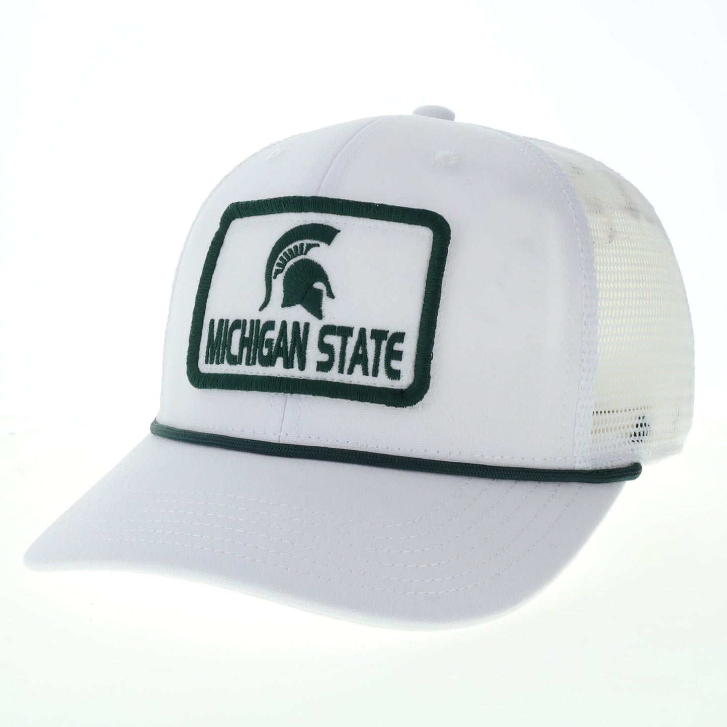 A white snapback hat with a green patch with a Spartan Helmet and the words "Michigan State" on the front. and a green cord across the front.