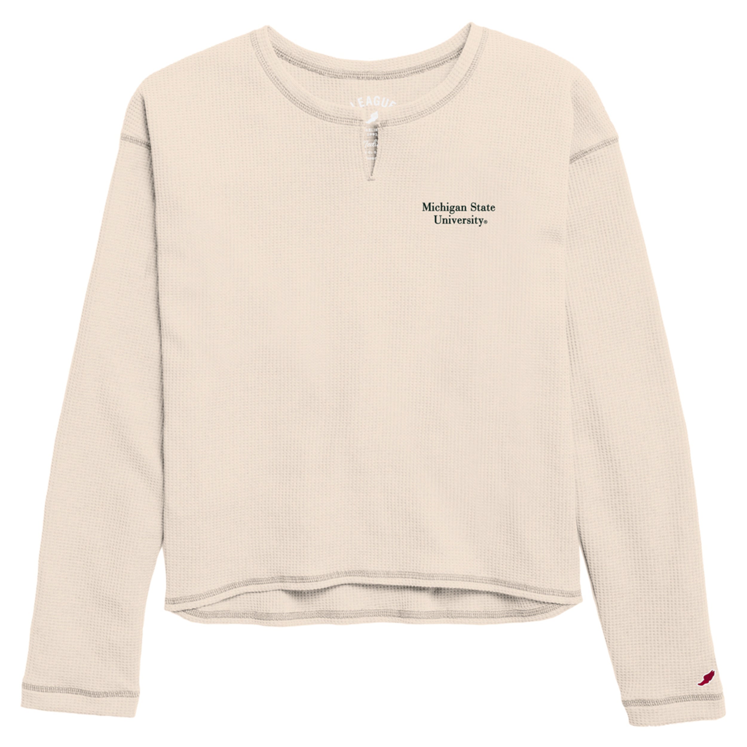 A long sleeve cream-colored waffle knit long sleeve that reads "Michigan State University" on the upper left chest.
