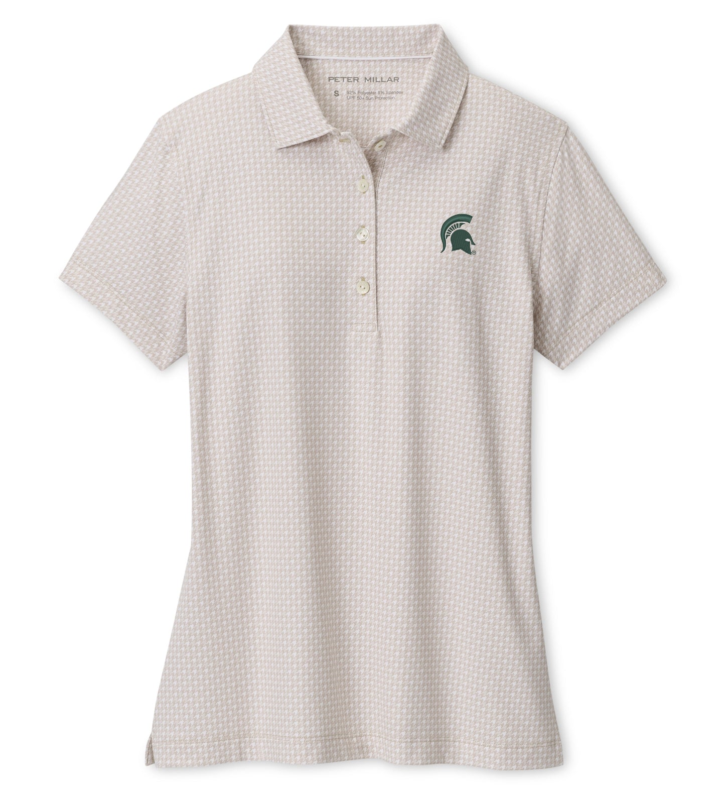 Cream and white houndstooth patterned women's polo. Opening to polo starts mid shirt and has four buttons for closure. On left chest is a green embroidered spartan helmet.