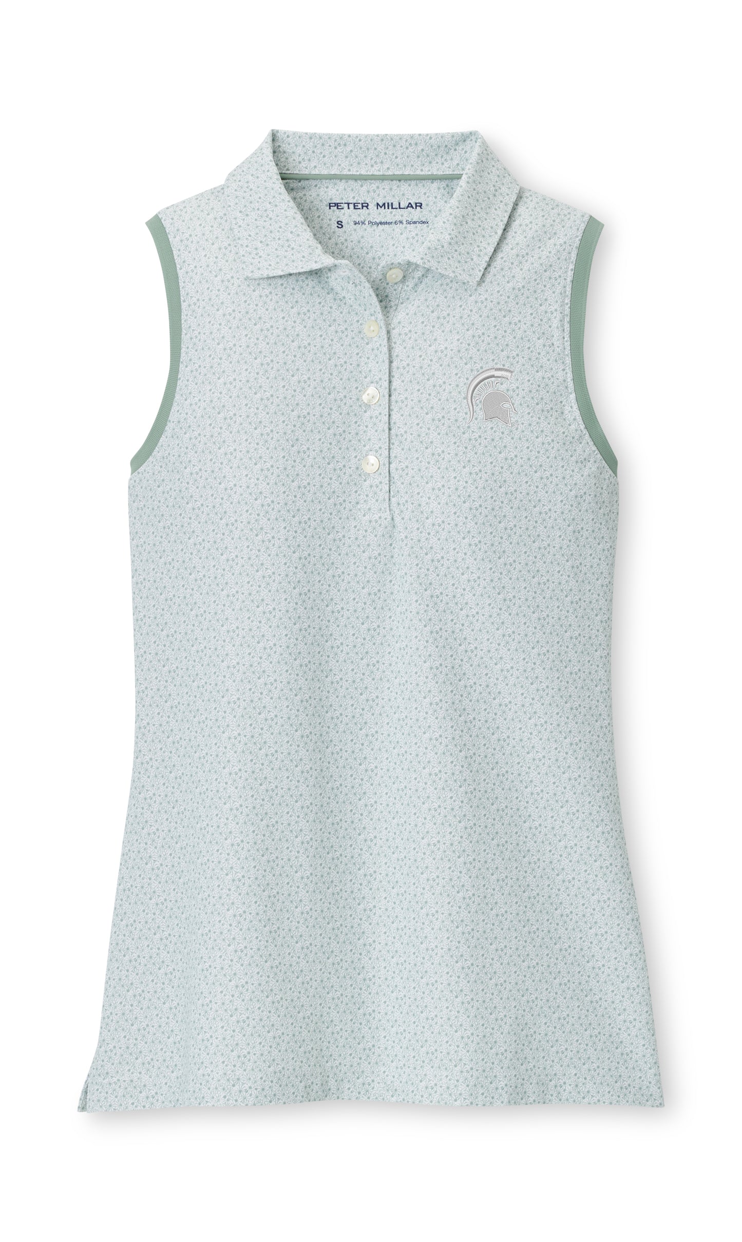 Light green and white patterned sleeveless polo with a darker green hem on the sleeves, three button placket, and white Spartan Helmet logo embroidered on the upper left chest.