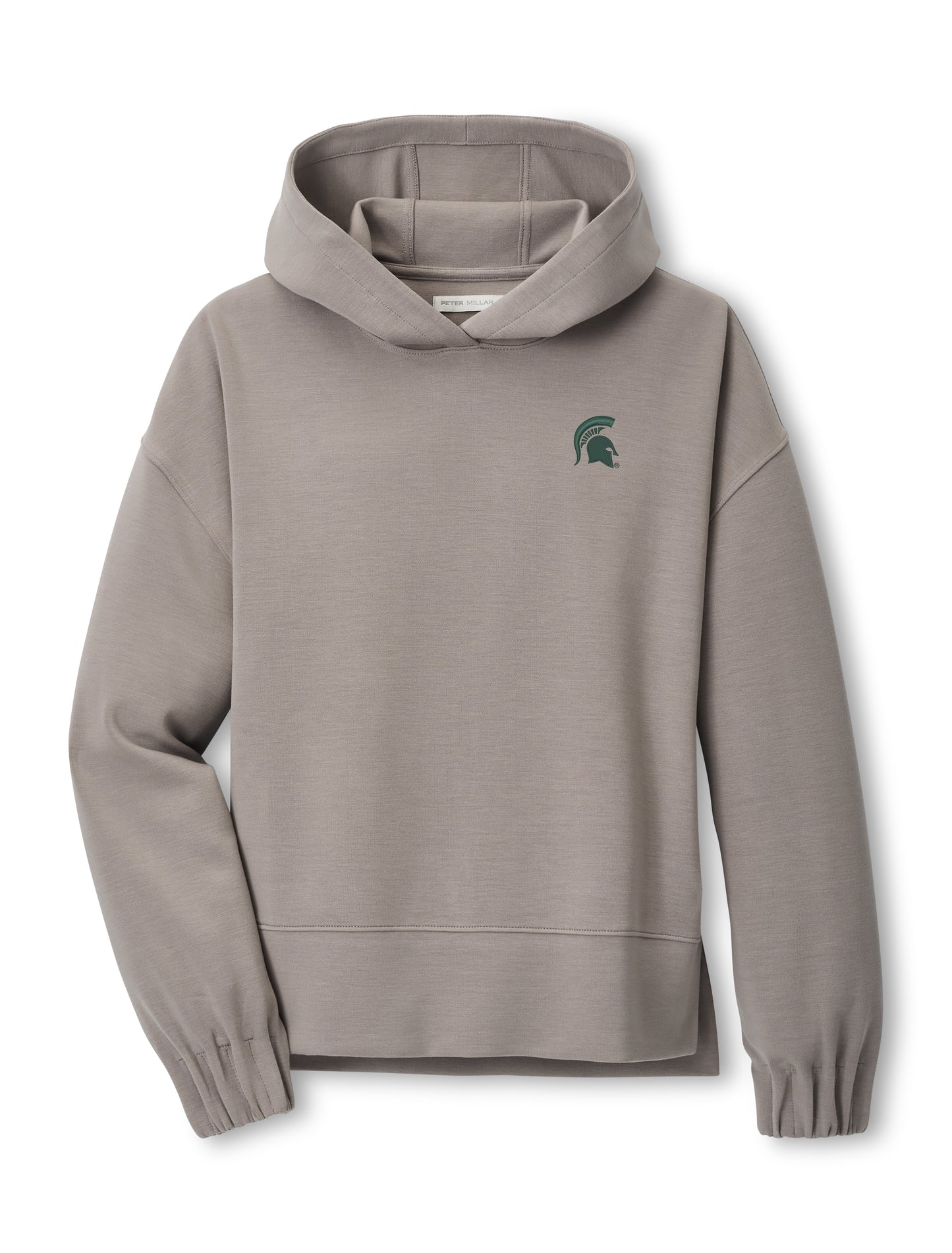 Light brown hoodie with synched cuffs and a green Spartan Helmet logo embroidered on the left chest.