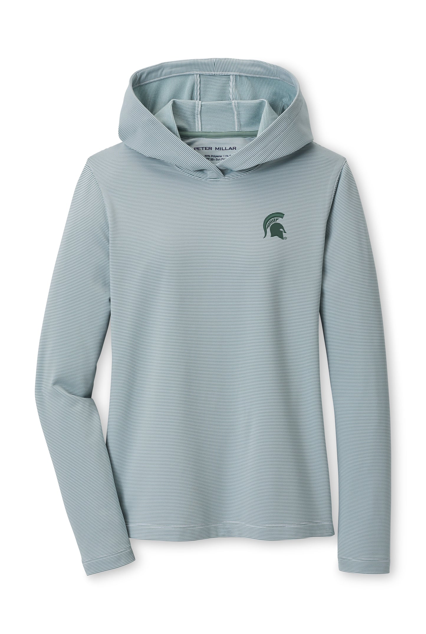 Light blue striped hoodie with a green Spartan Helmet logo on the upper left chest.