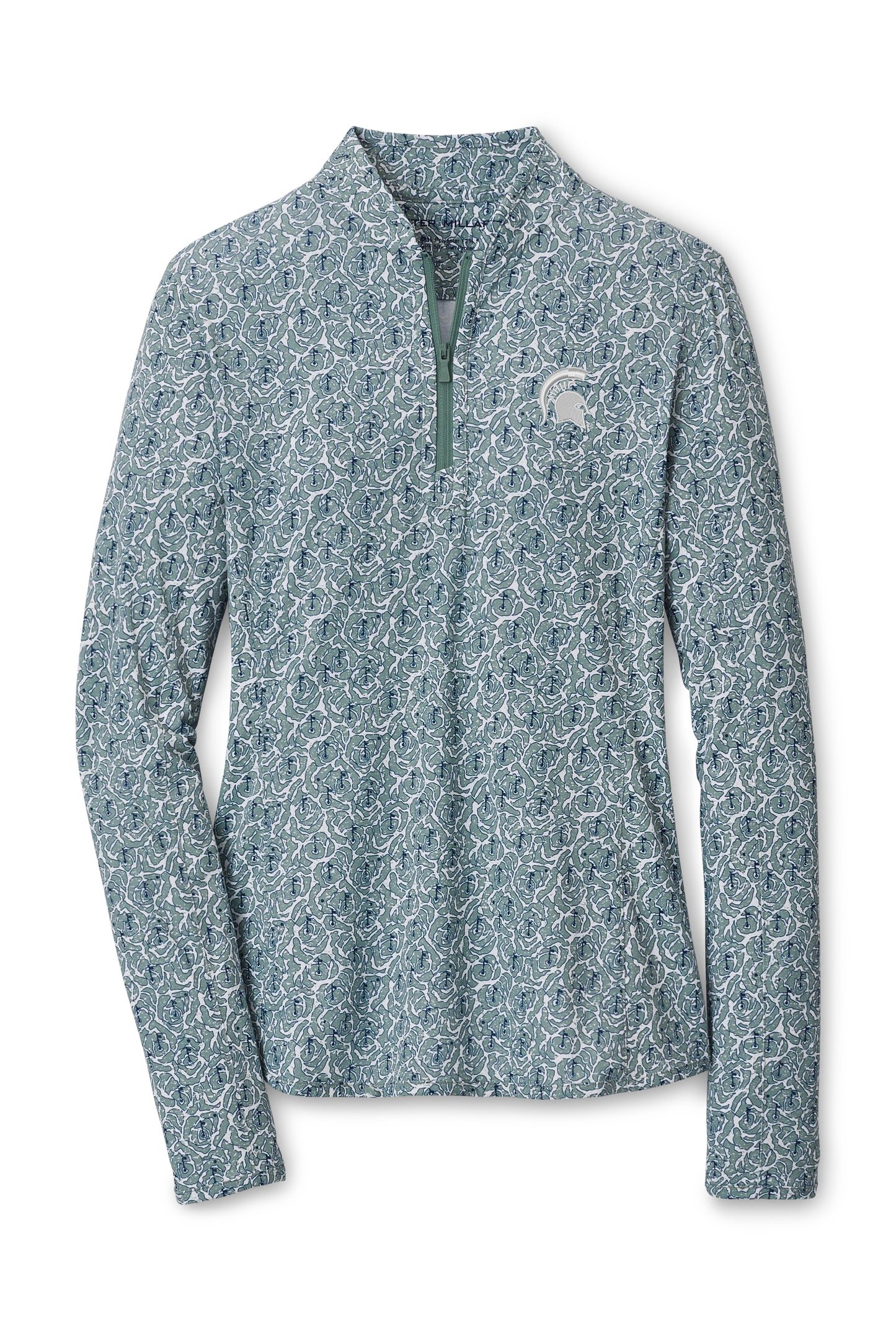 Long sleeve quarter-zip with a green and blue pattern, green zipper, and white Spartan Helmet logo embroidered on the upper left chest.