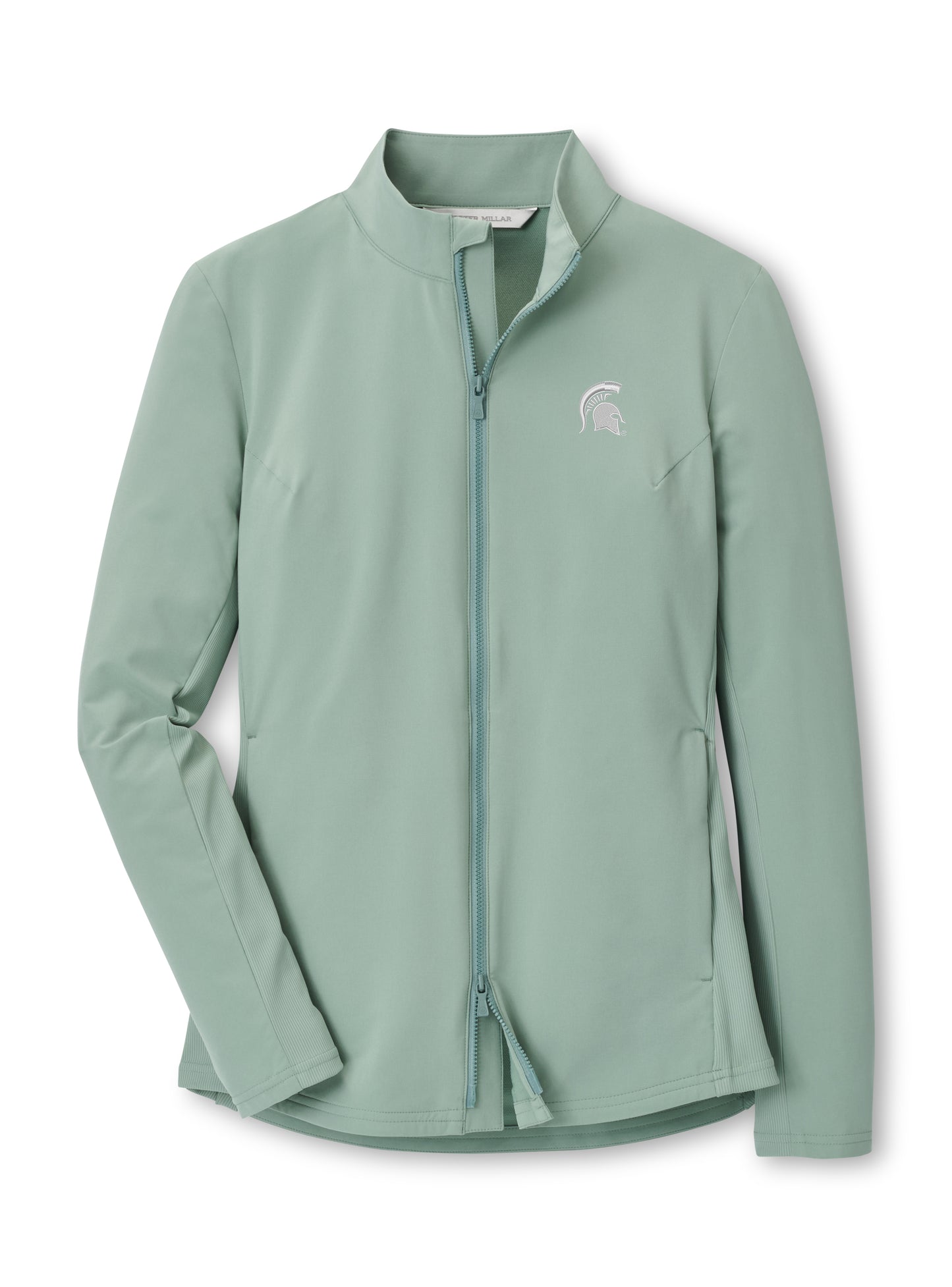 Light green full-zip jacket with two way zipper, pockets on either side, and a white Spartan Helmet logo embroidered on the upper left chest.