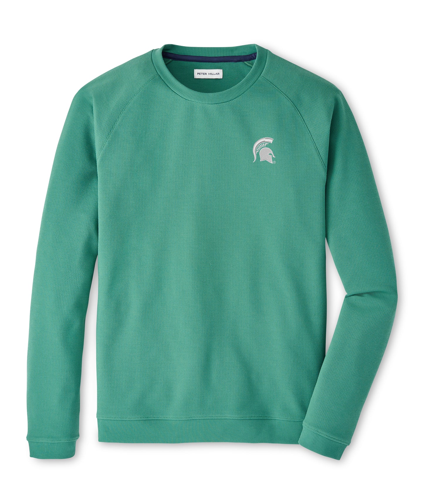 Green pullover with a white Spartan Helmet logo embroidered on the upper left chest.