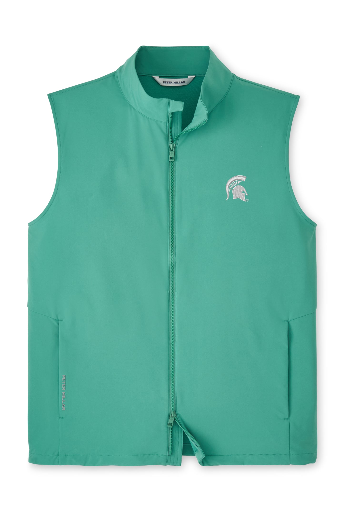 Bright green two-way zip up with pockets on either side and a white Spartan Helmet logo embroidered on the upper left chest.