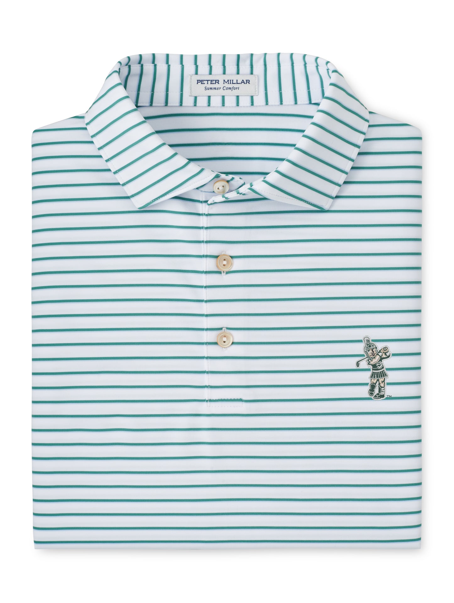 Green and white stripe polo with a three button placket and the Golf Sparty logo embroidered on the upper left chest.
