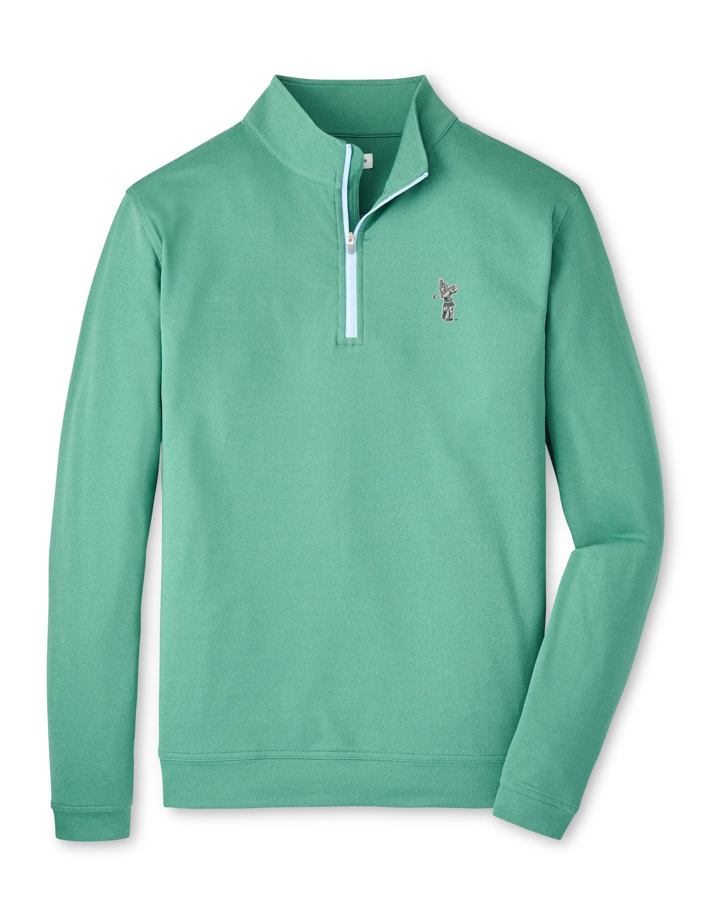 Teal quarter-zip with a white lined zipper and the Golf Sparty logo on the upper left chest.