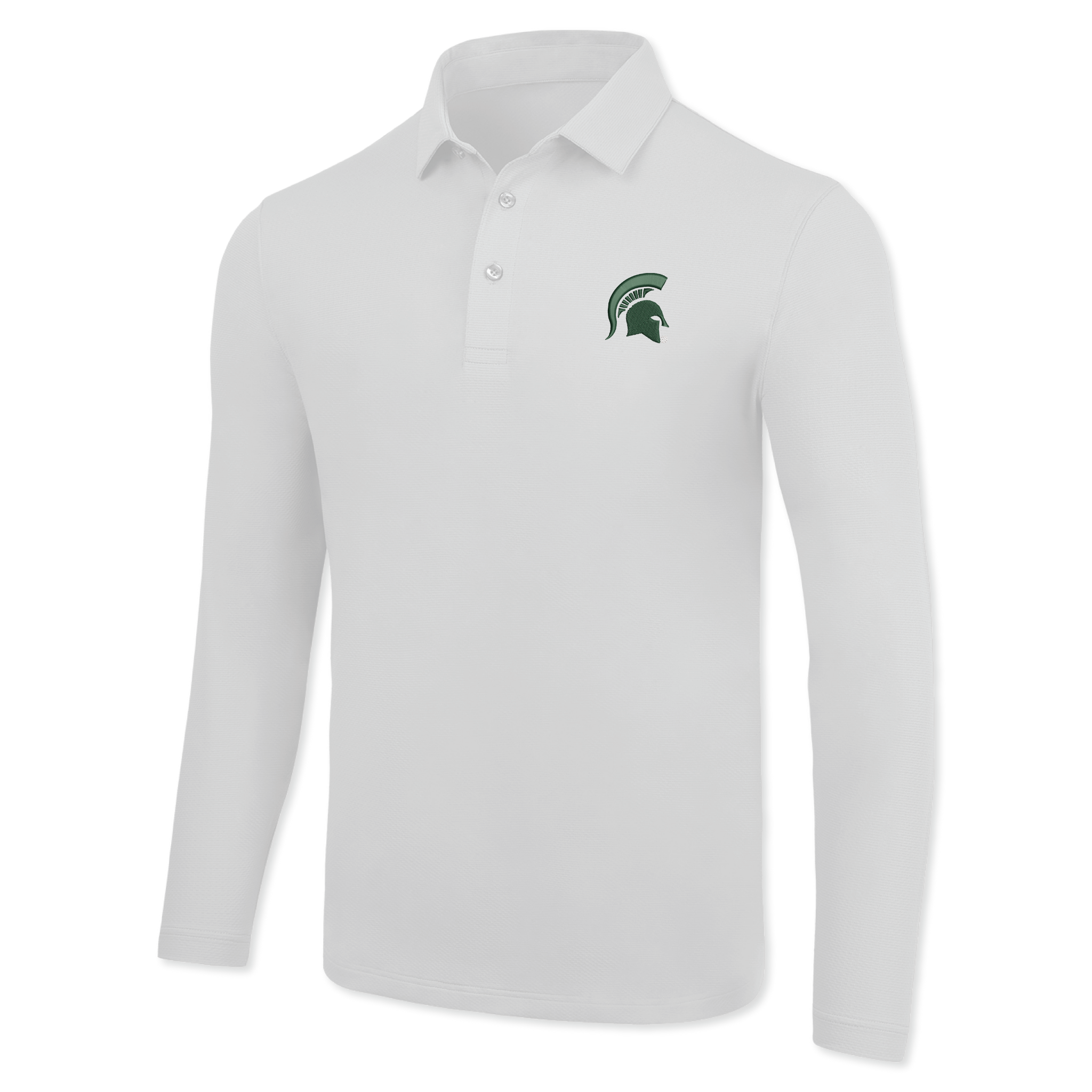 White long-sleeve polo shirt with a collar and three buttons, featuring a green Spartan helmet logo on the left chest.